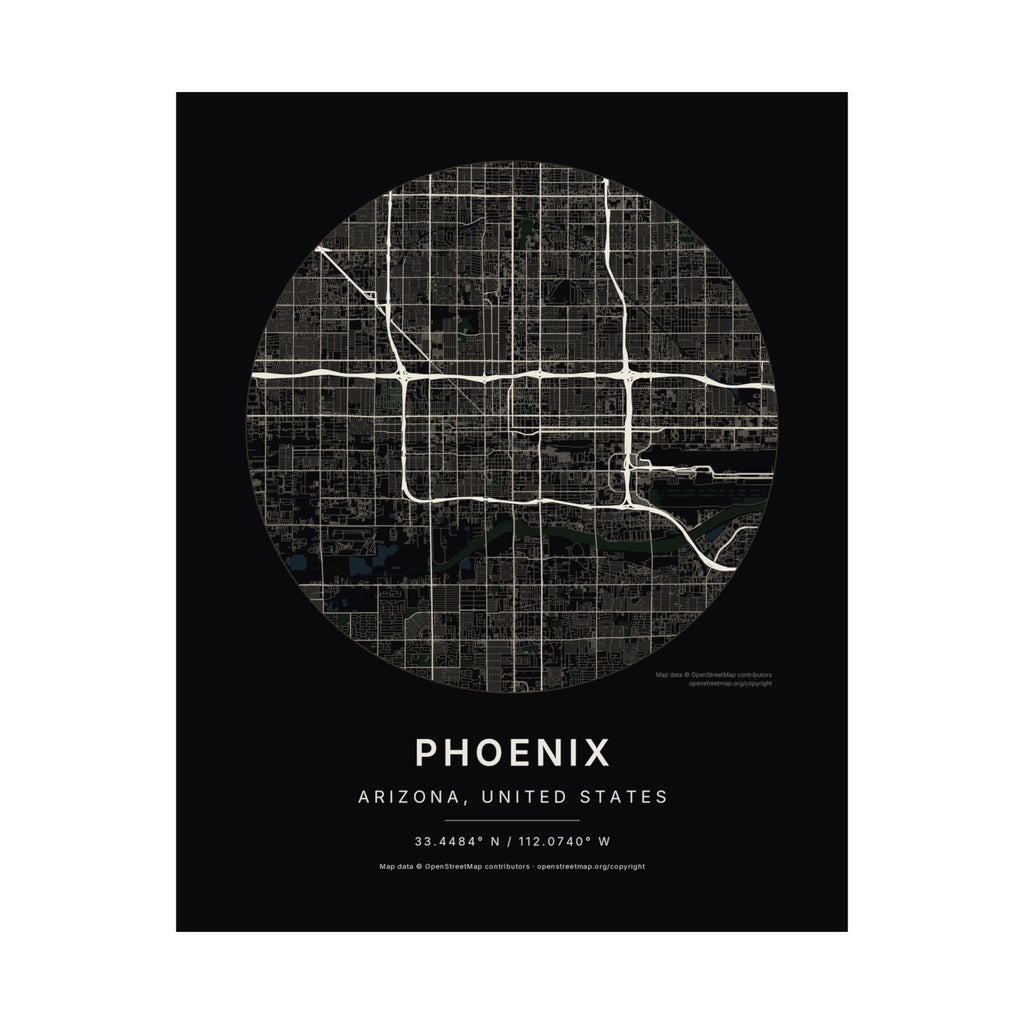 Phoenix, Arizona City Map Print — Noir Black Street Map Wall Art