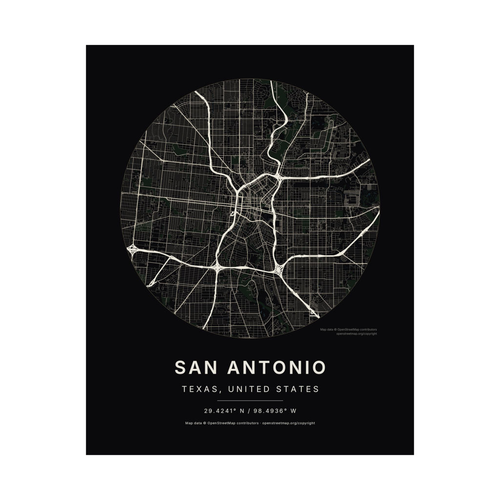 San Antonio, Texas City Map Print — Noir Black Street Map Wall Art
