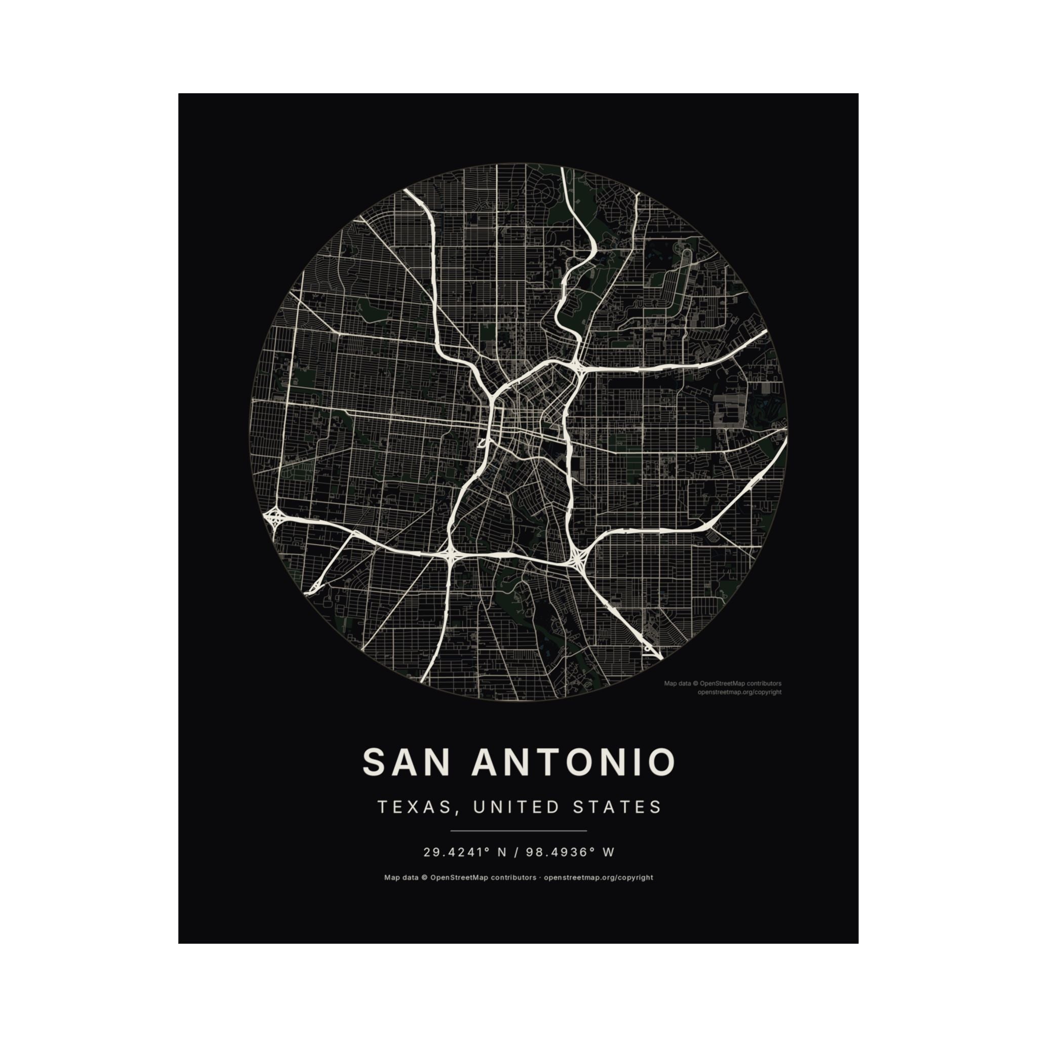 San Antonio, Texas City Map Print — Noir Black Street Map Wall Art