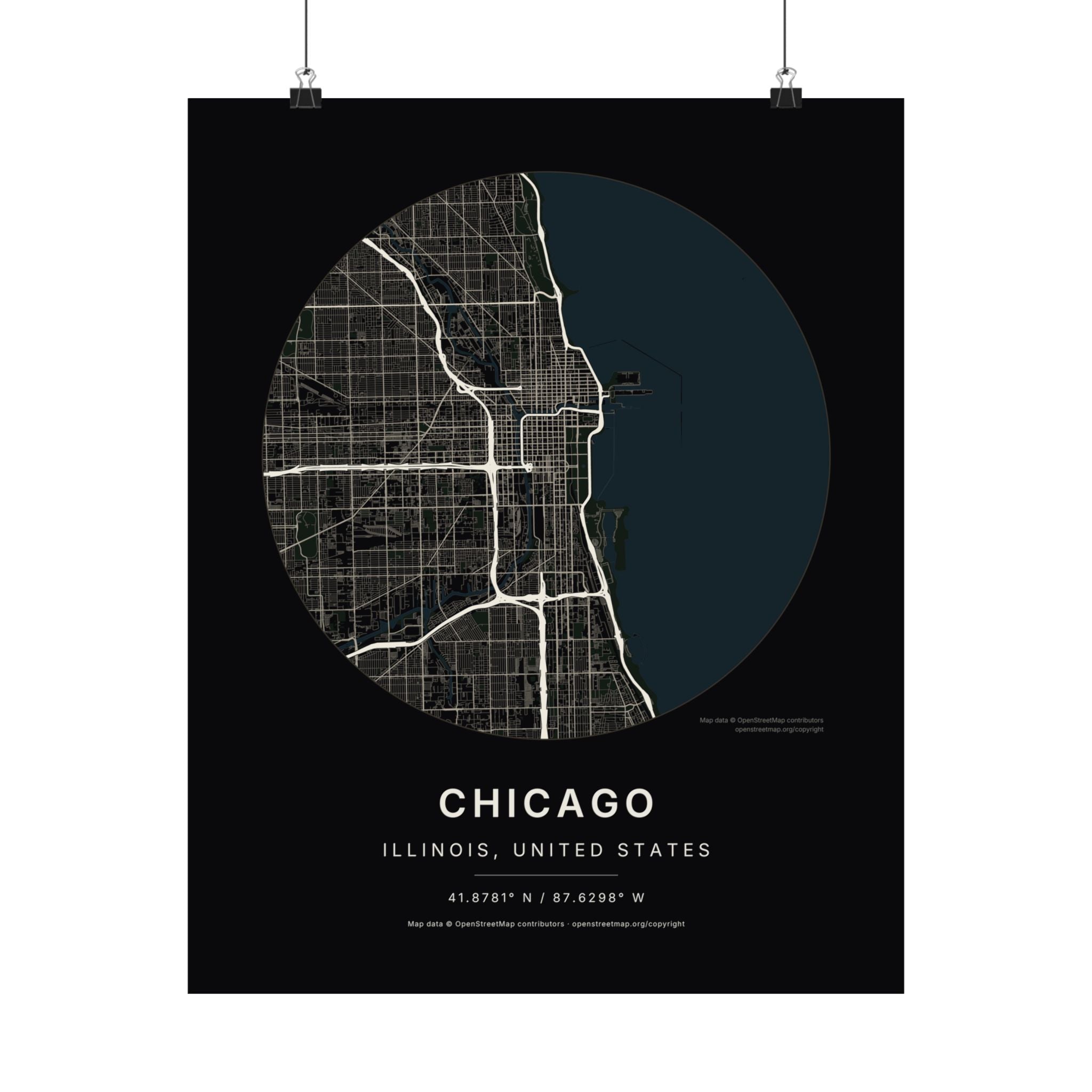 Chicago, Illinois City Map Print — Noir Black Street Map Wall Art