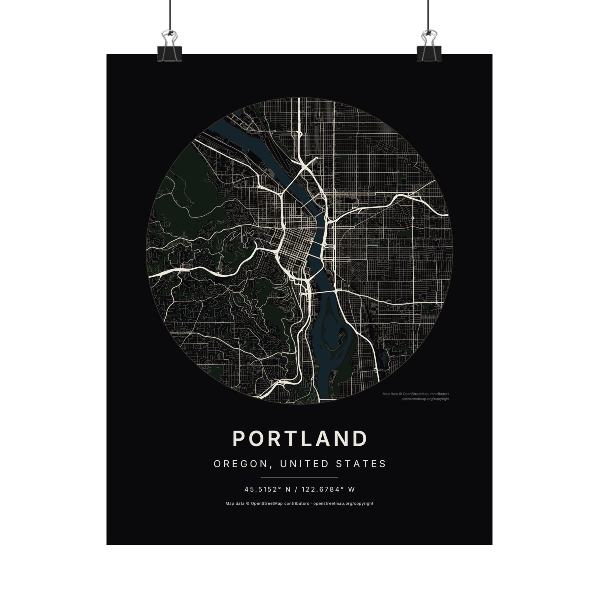 Portland, Oregon City Map Print — Noir Black Street Map Wall Art