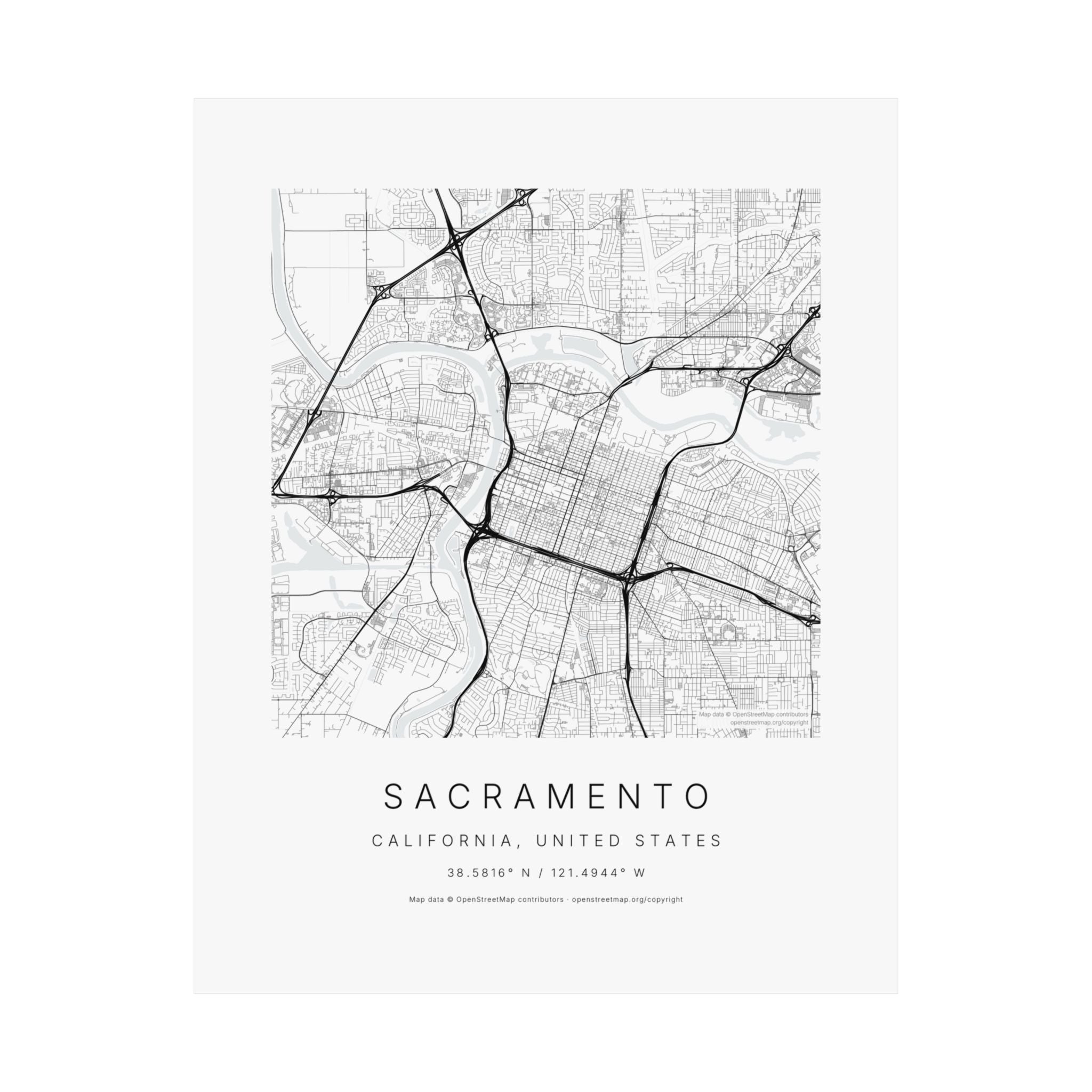 Sacramento, California City Map Print — Minimalist Street Map Wall Art