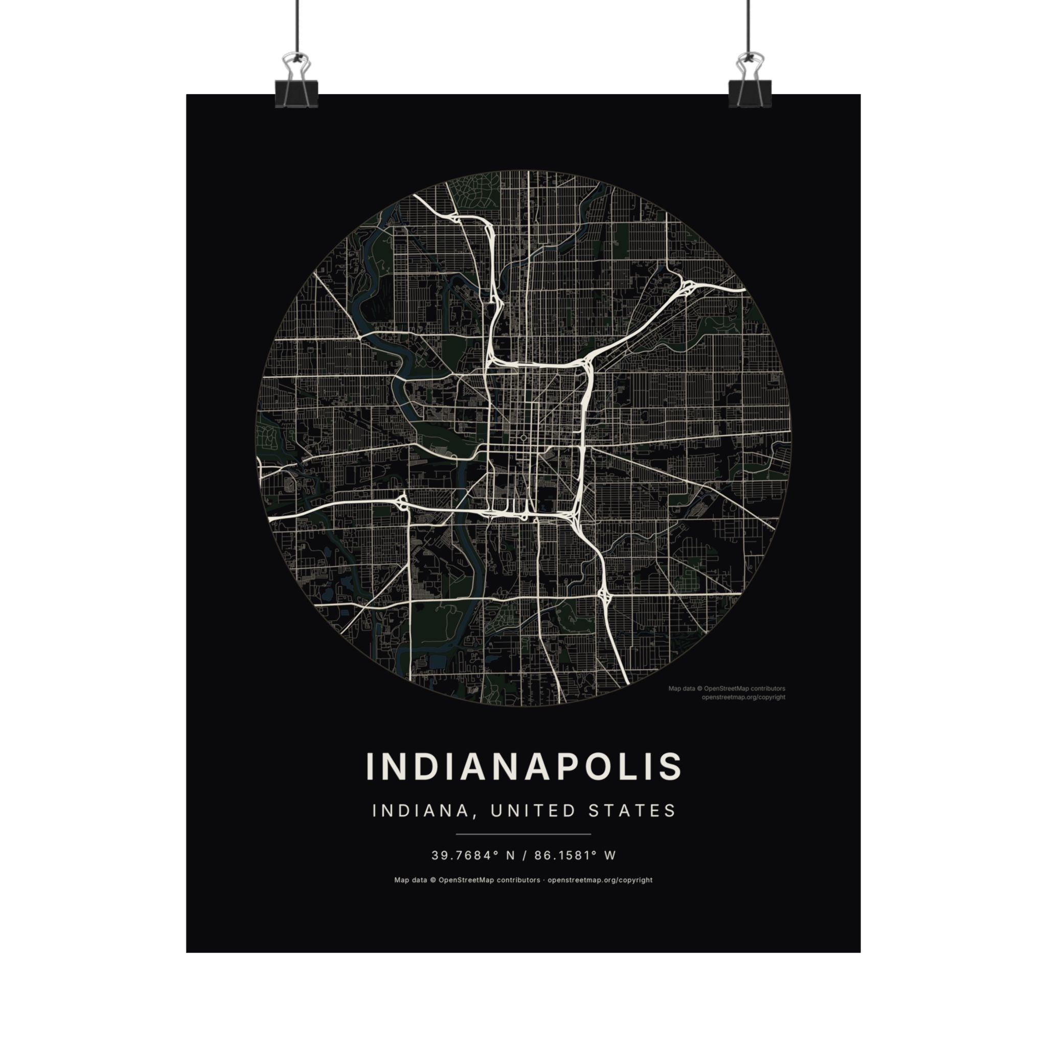 Indianapolis, Indiana City Map Print — Noir Black Street Map Wall Art