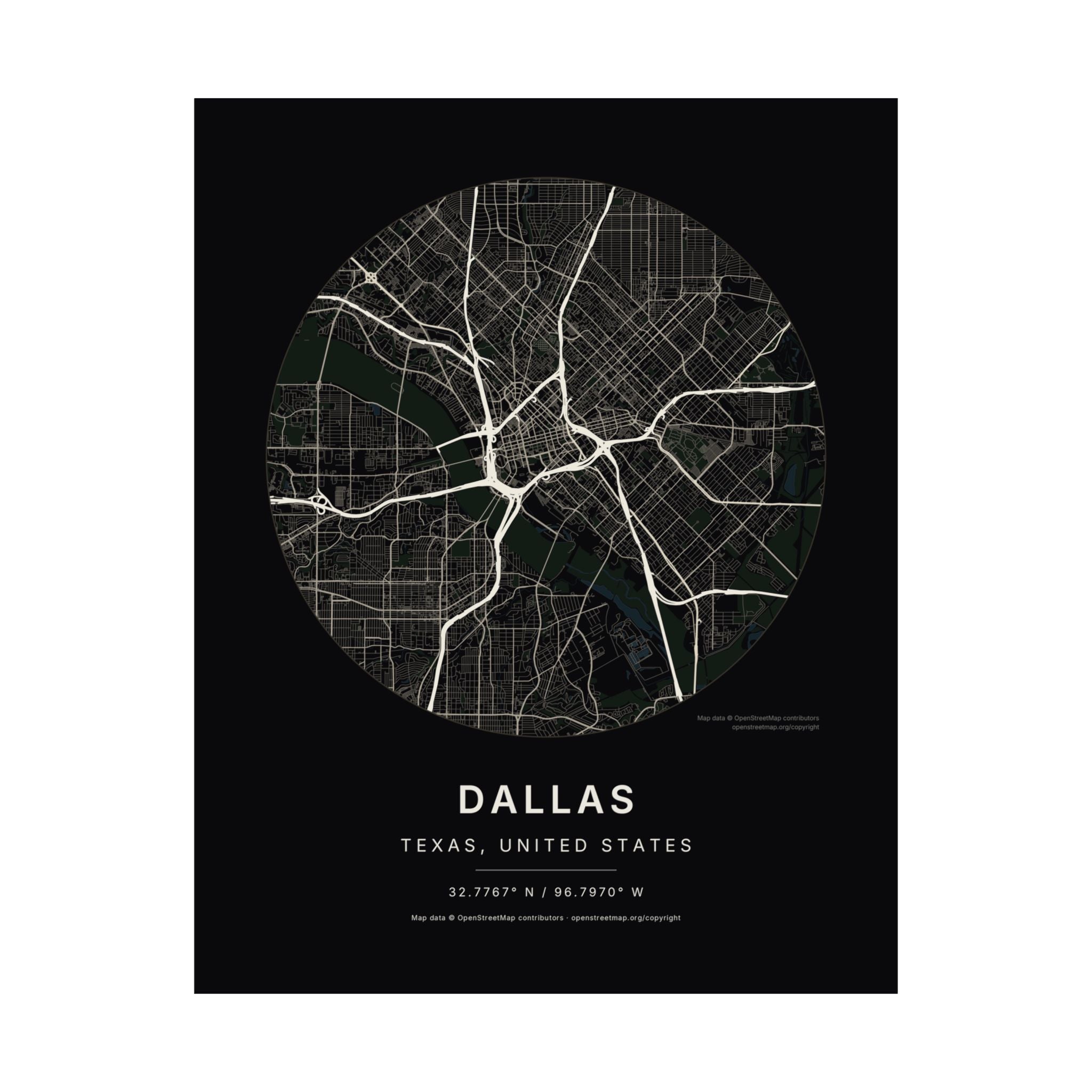 Dallas, Texas City Map Print — Noir Black Street Map Wall Art