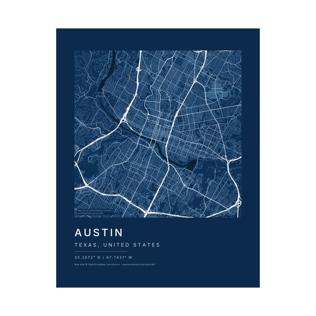 Austin, Texas City Map Print — Blueprint Navy Street Map Wall Art