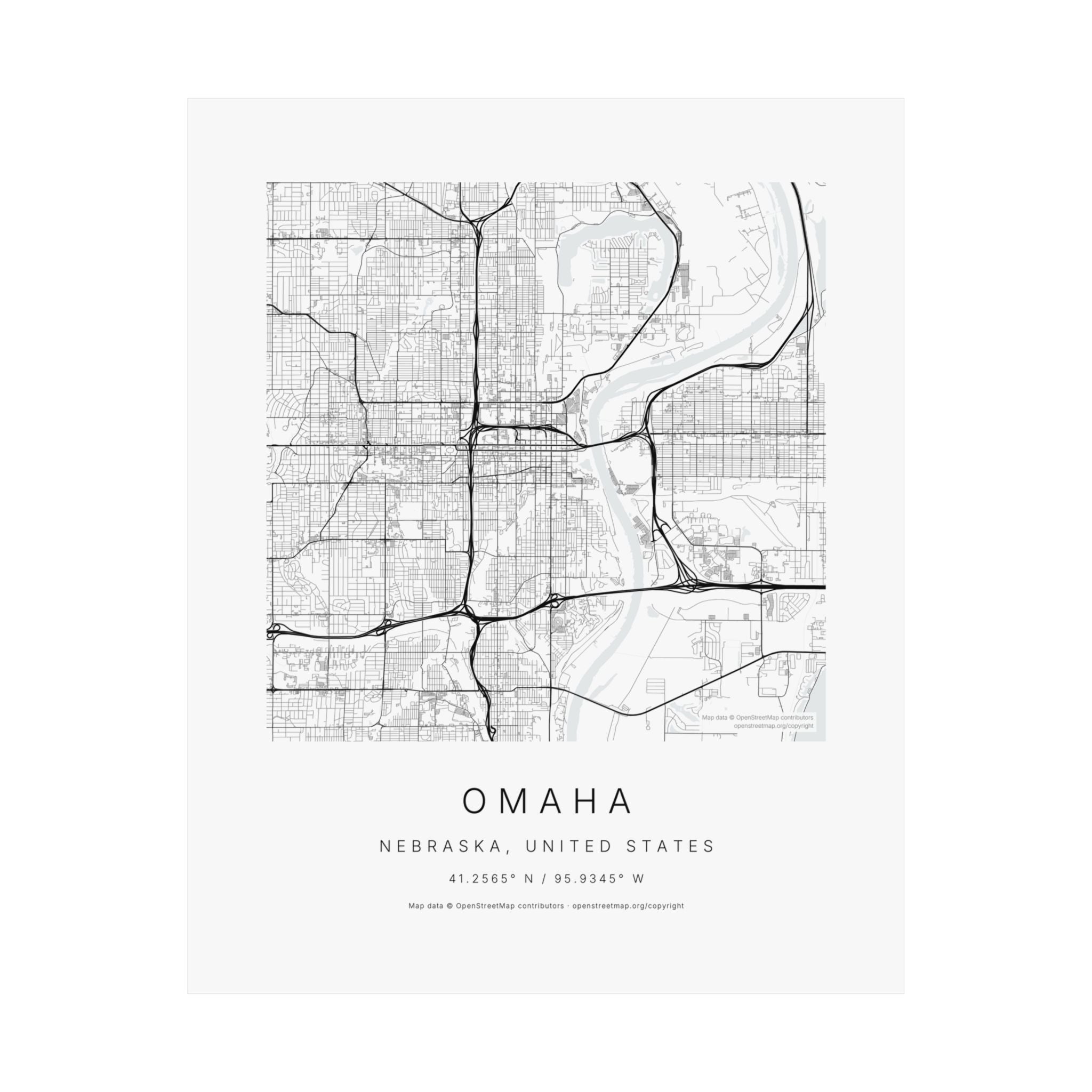 Omaha, Nebraska City Map Print — Minimalist Street Map Wall Art