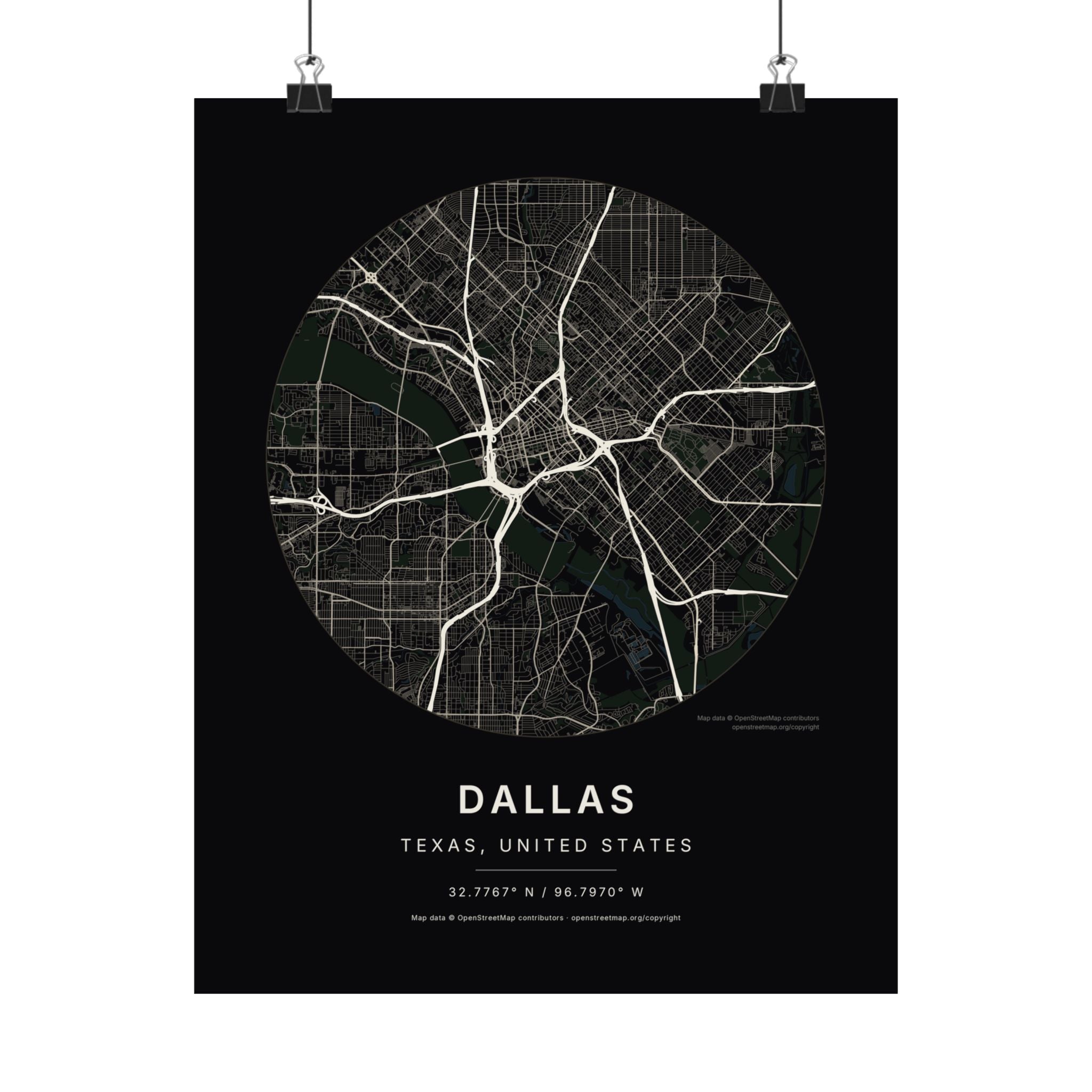 Dallas, Texas City Map Print — Noir Black Street Map Wall Art