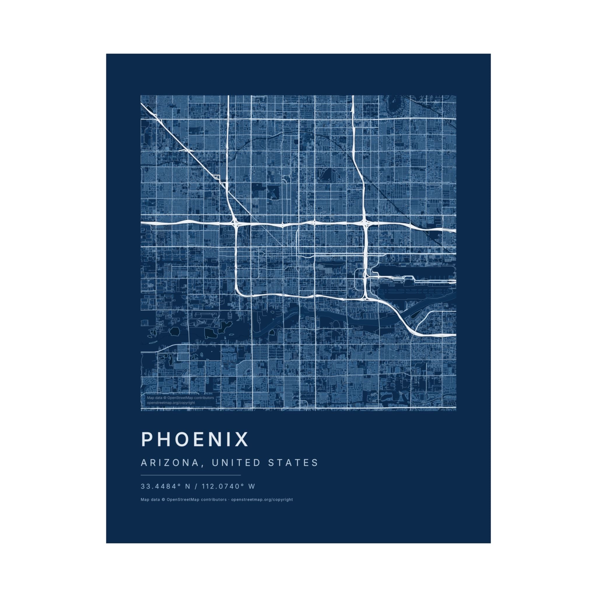 Phoenix, Arizona City Map Print — Blueprint Navy Street Map Wall Art
