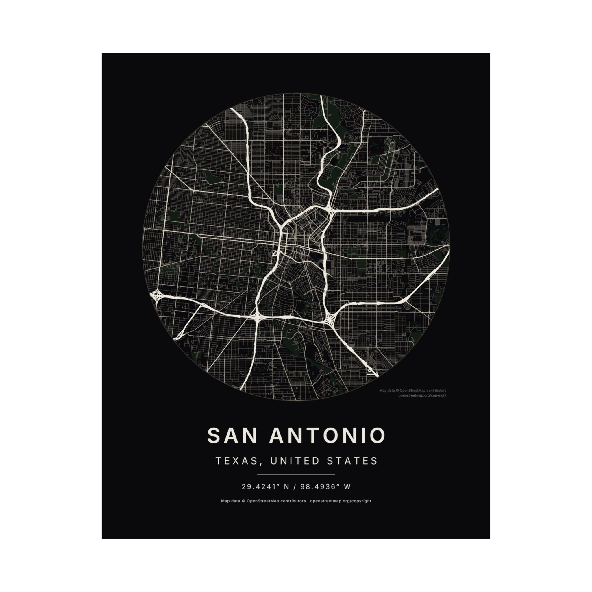 San Antonio, Texas City Map Print — Noir Black Street Map Wall Art