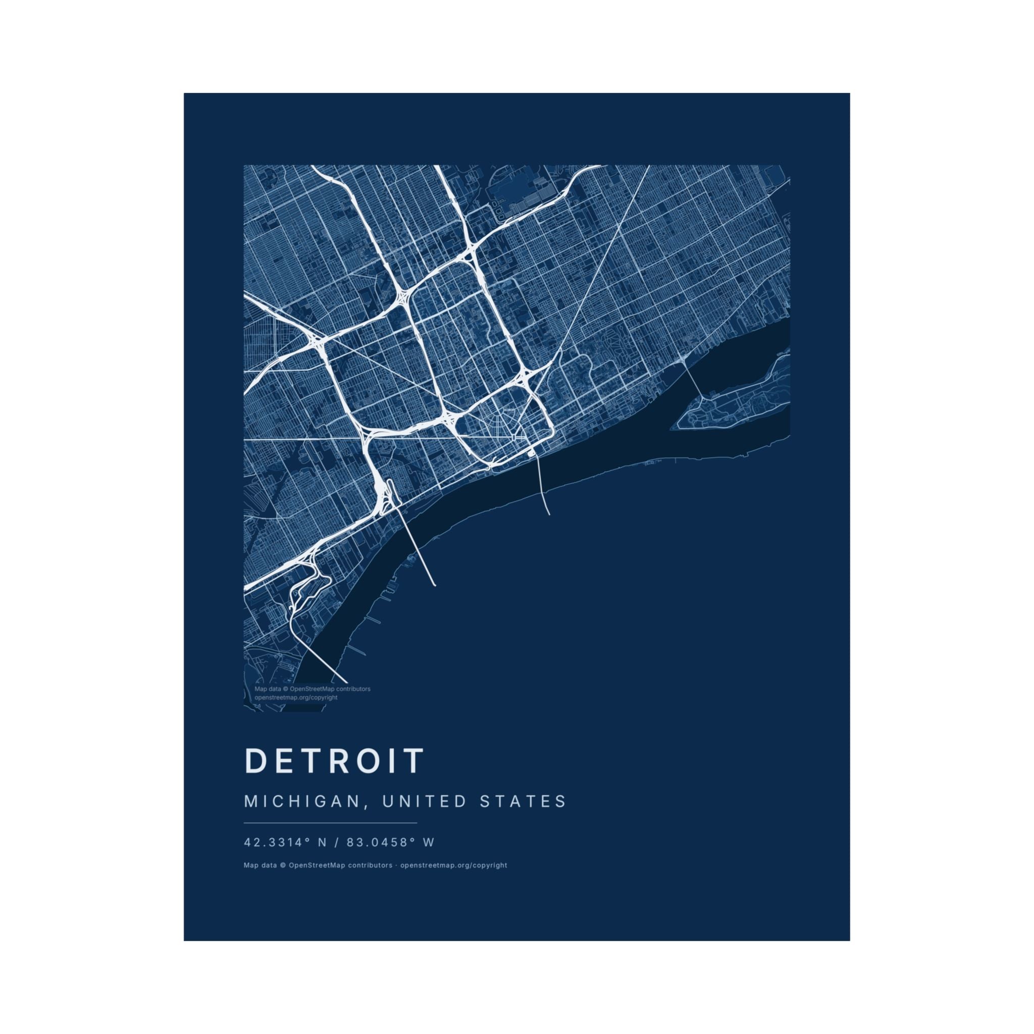 Detroit, Michigan City Map Print — Blueprint Navy Street Map Wall Art