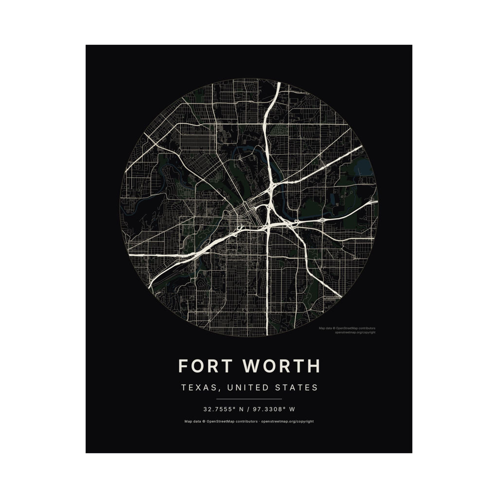 Fort Worth, Texas City Map Print — Noir Black Street Map Wall Art