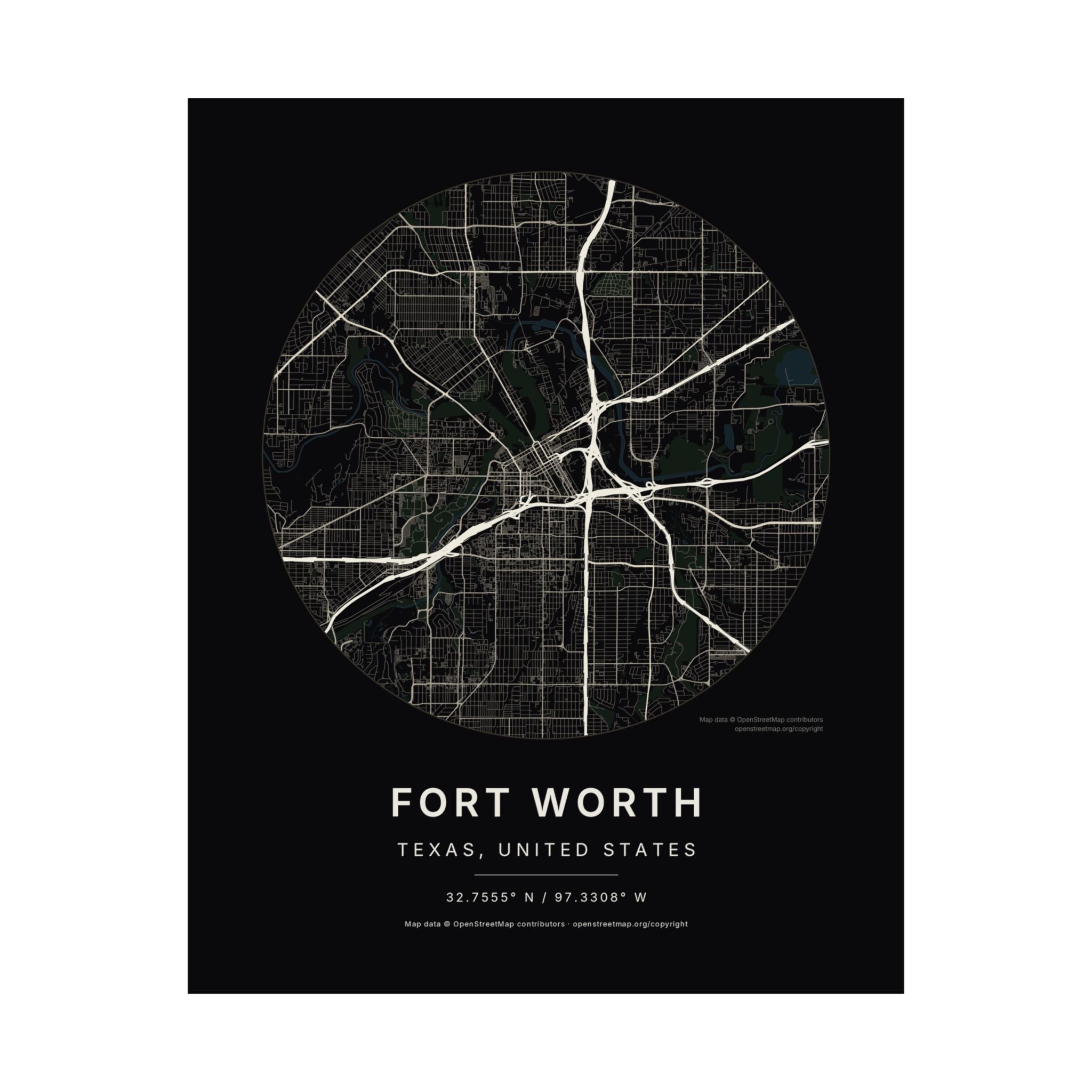 Fort Worth, Texas City Map Print — Noir Black Street Map Wall Art