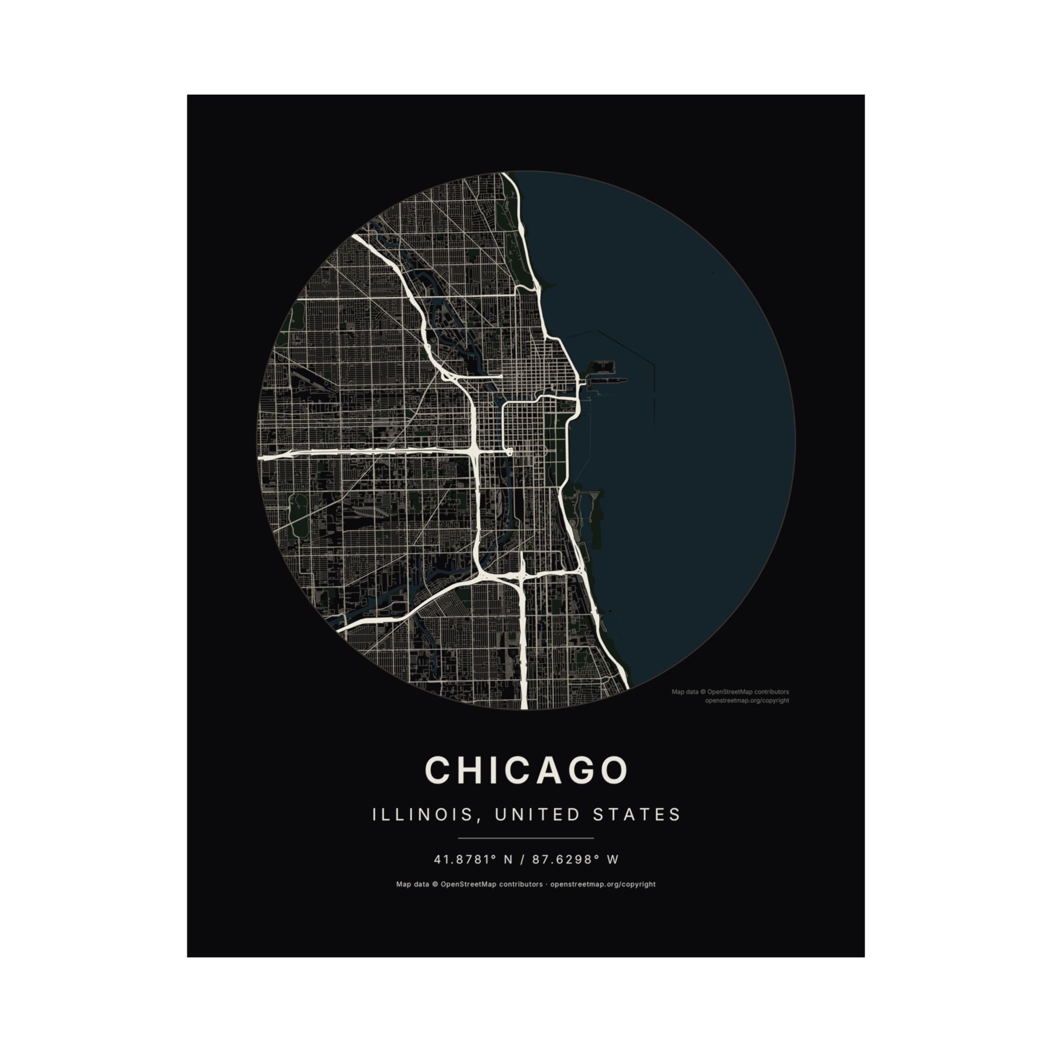 Chicago, Illinois City Map Print — Noir Black Street Map Wall Art