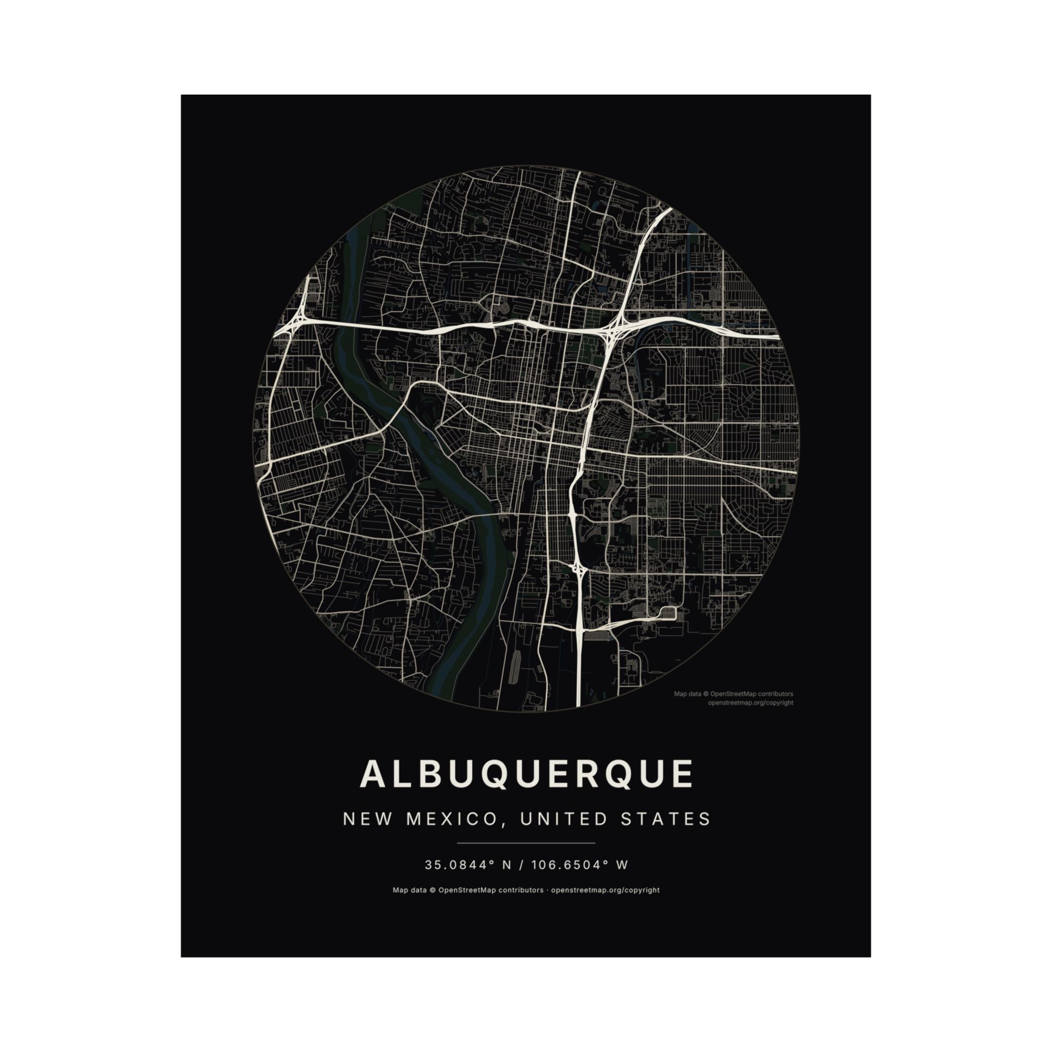 Albuquerque, New Mexico City Map Print — Noir Black Street Map Wall Art