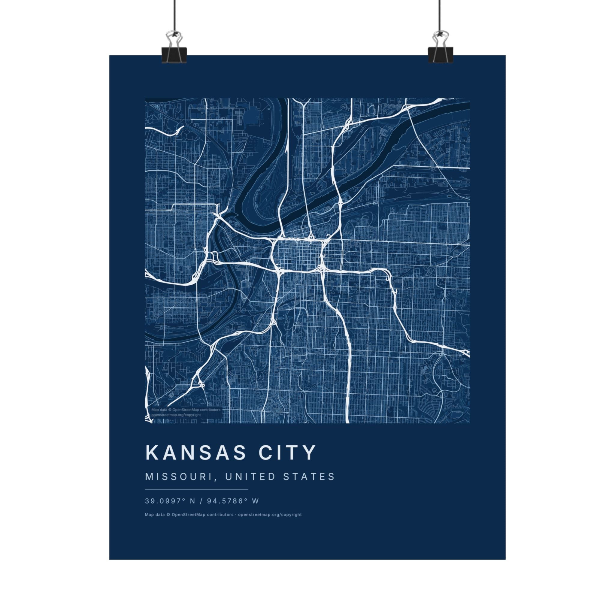 Kansas City, Missouri City Map Print — Blueprint Navy Street Map Wall Art