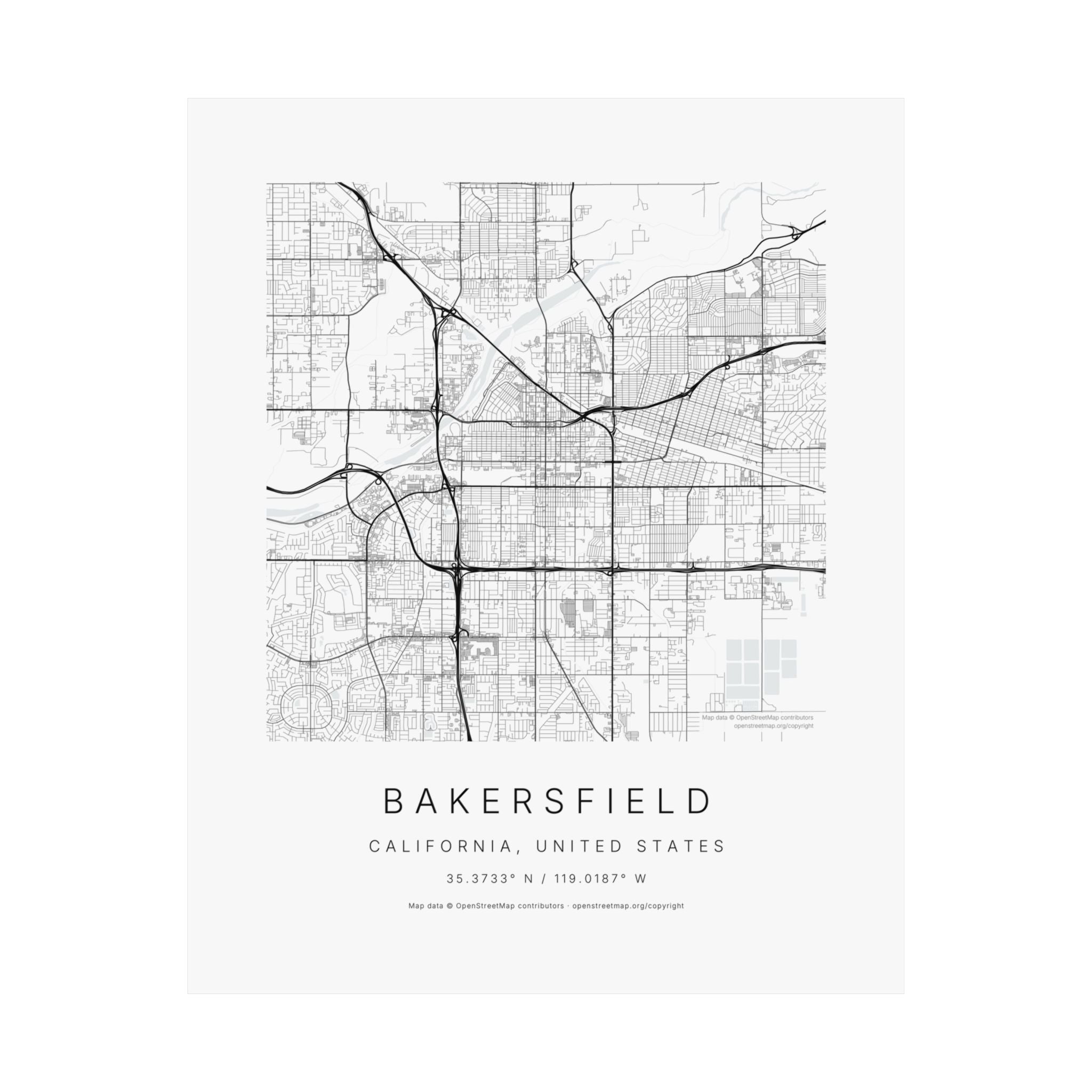 Bakersfield, California City Map Print — Minimalist Street Map Wall Art