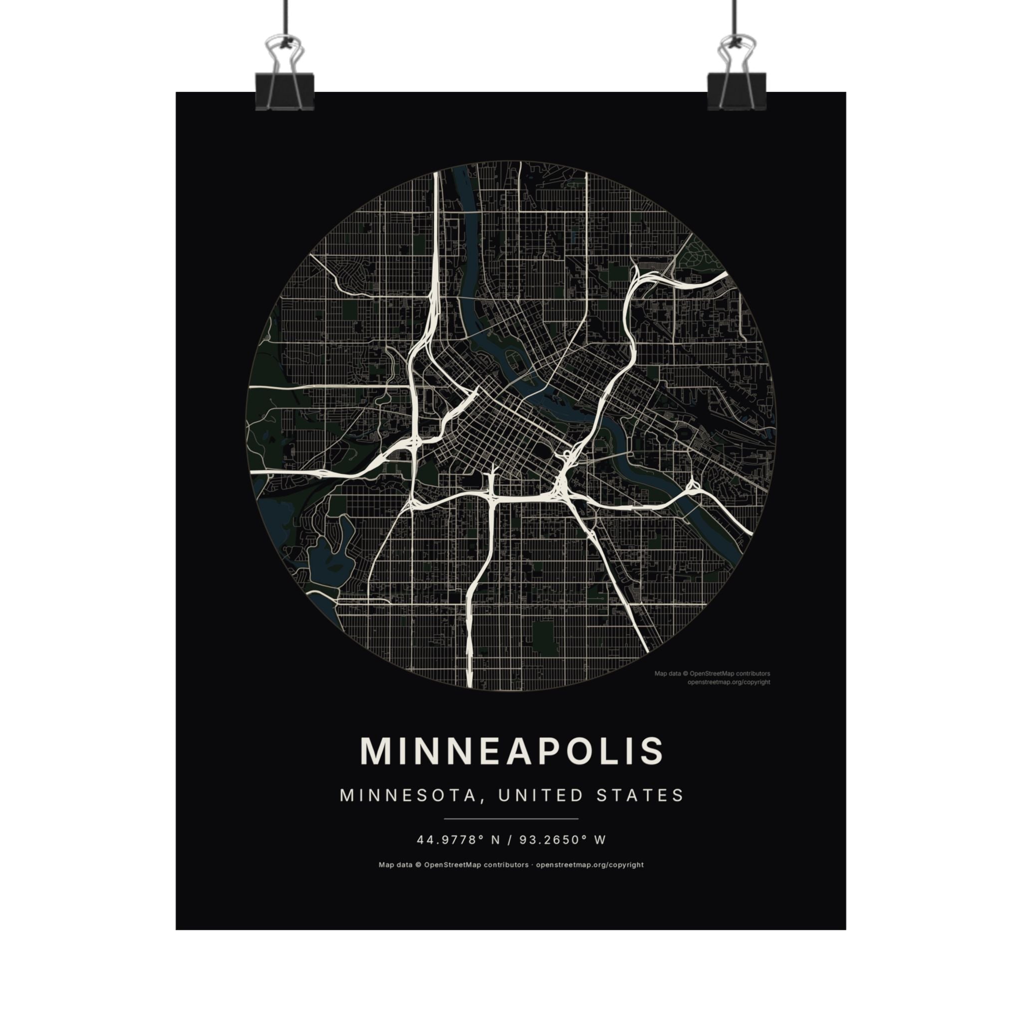 Minneapolis, Minnesota City Map Print — Noir Black Street Map Wall Art