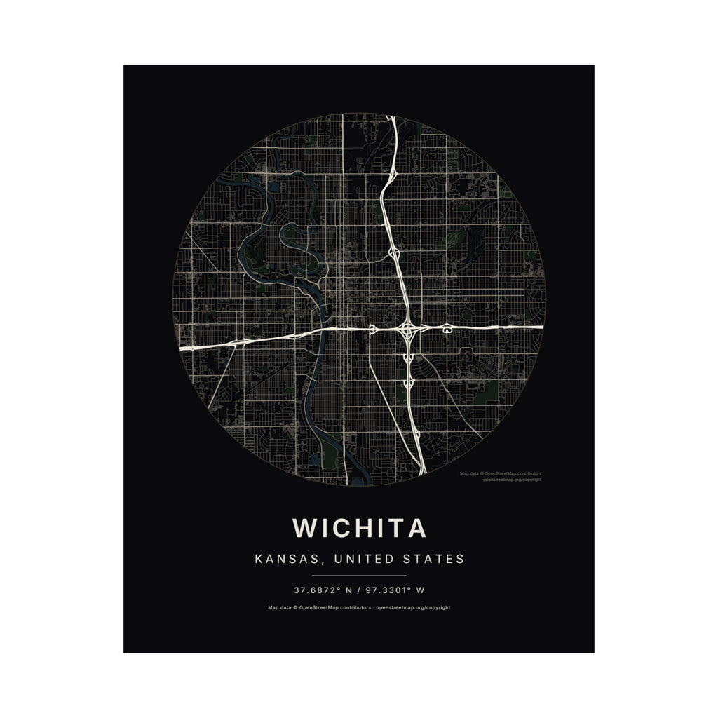 Wichita, Kansas City Map Print — Noir Black Street Map Wall Art