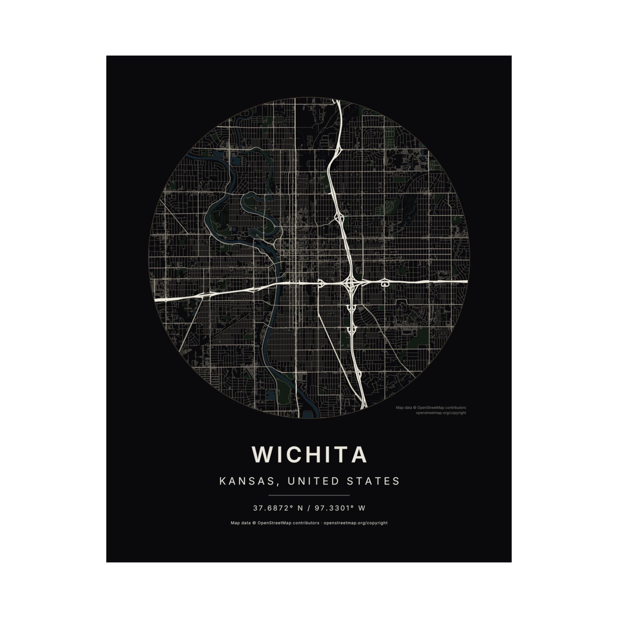 Wichita, Kansas City Map Print — Noir Black Street Map Wall Art