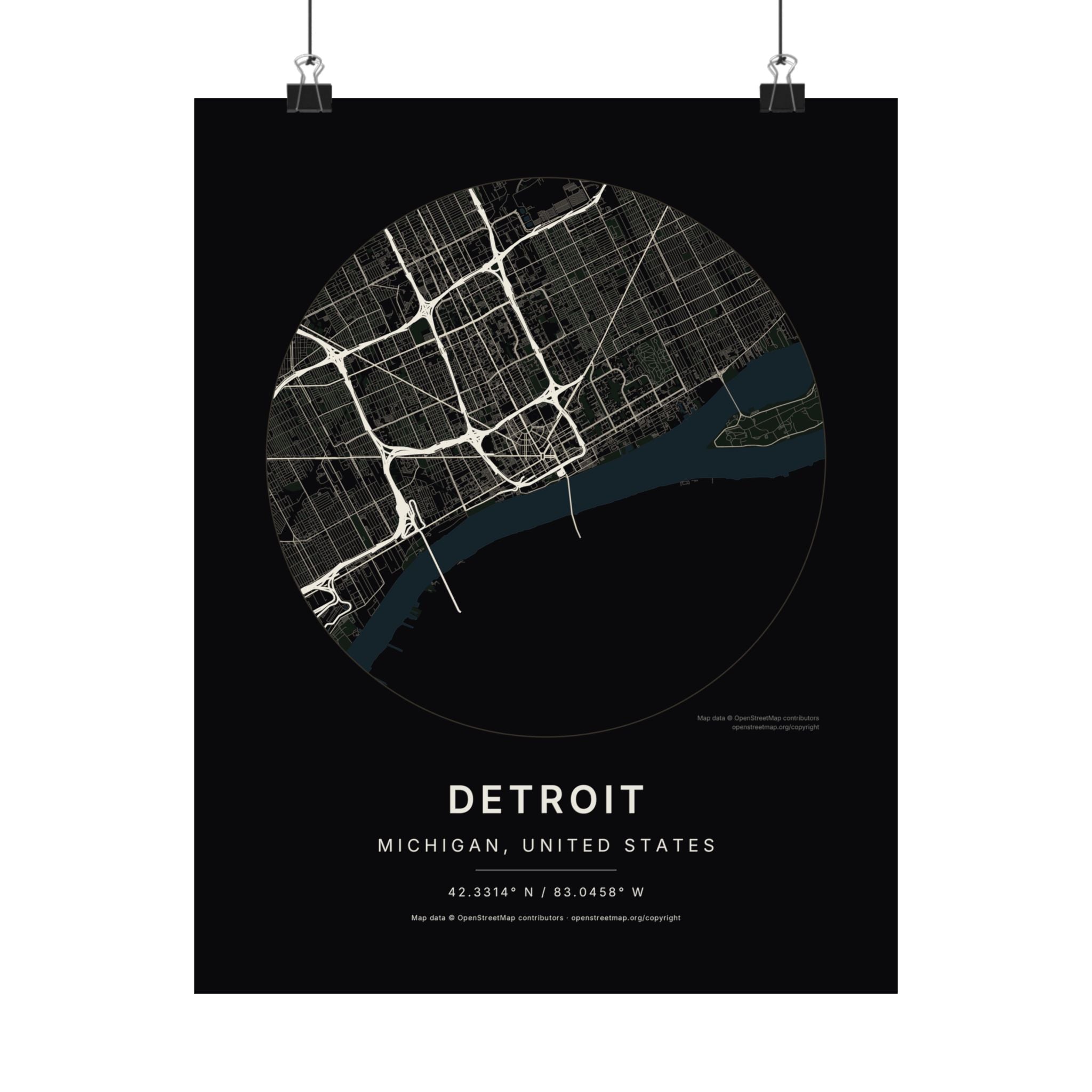 Detroit, Michigan City Map Print — Noir Black Street Map Wall Art