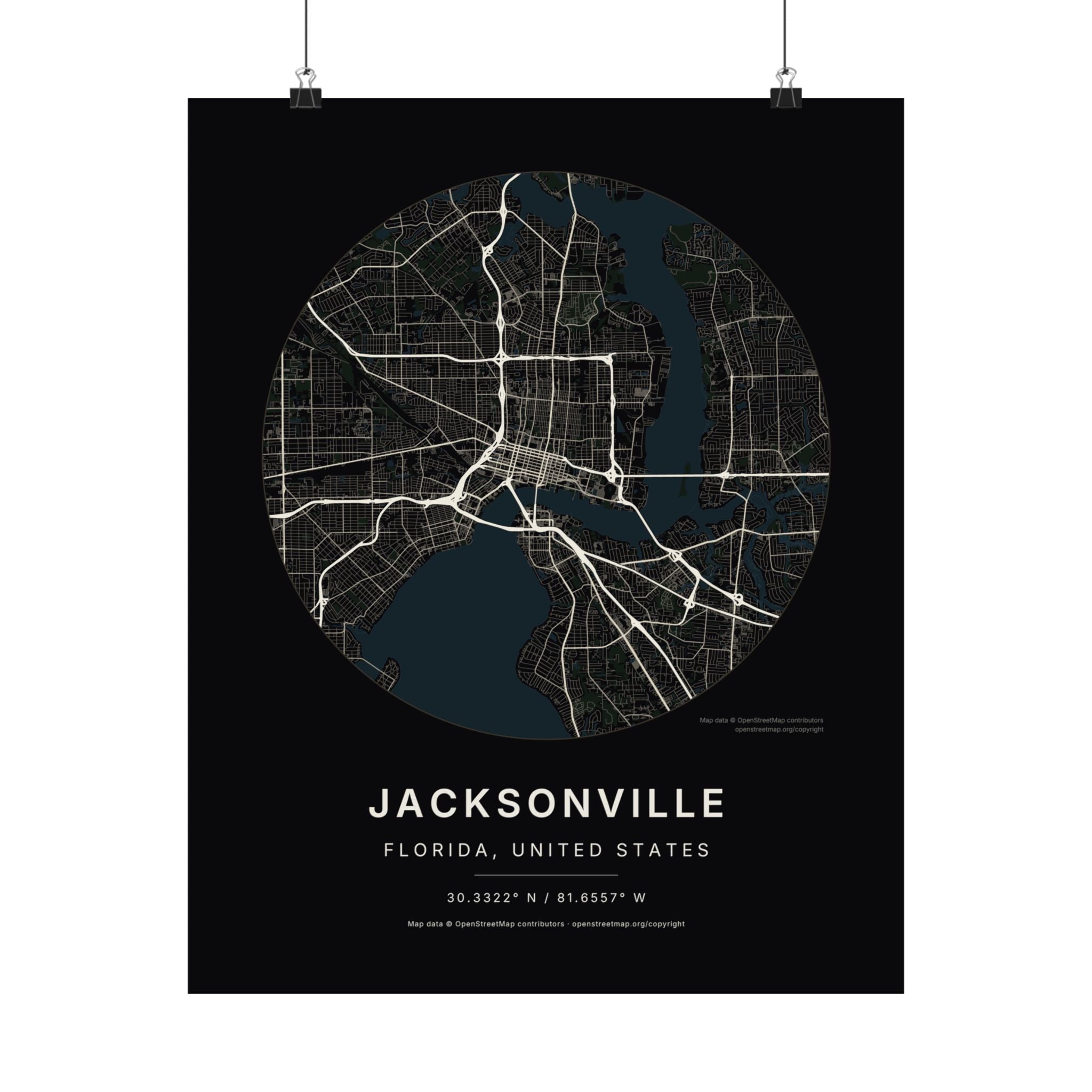 Jacksonville, Florida City Map Print — Noir Black Street Map Wall Art