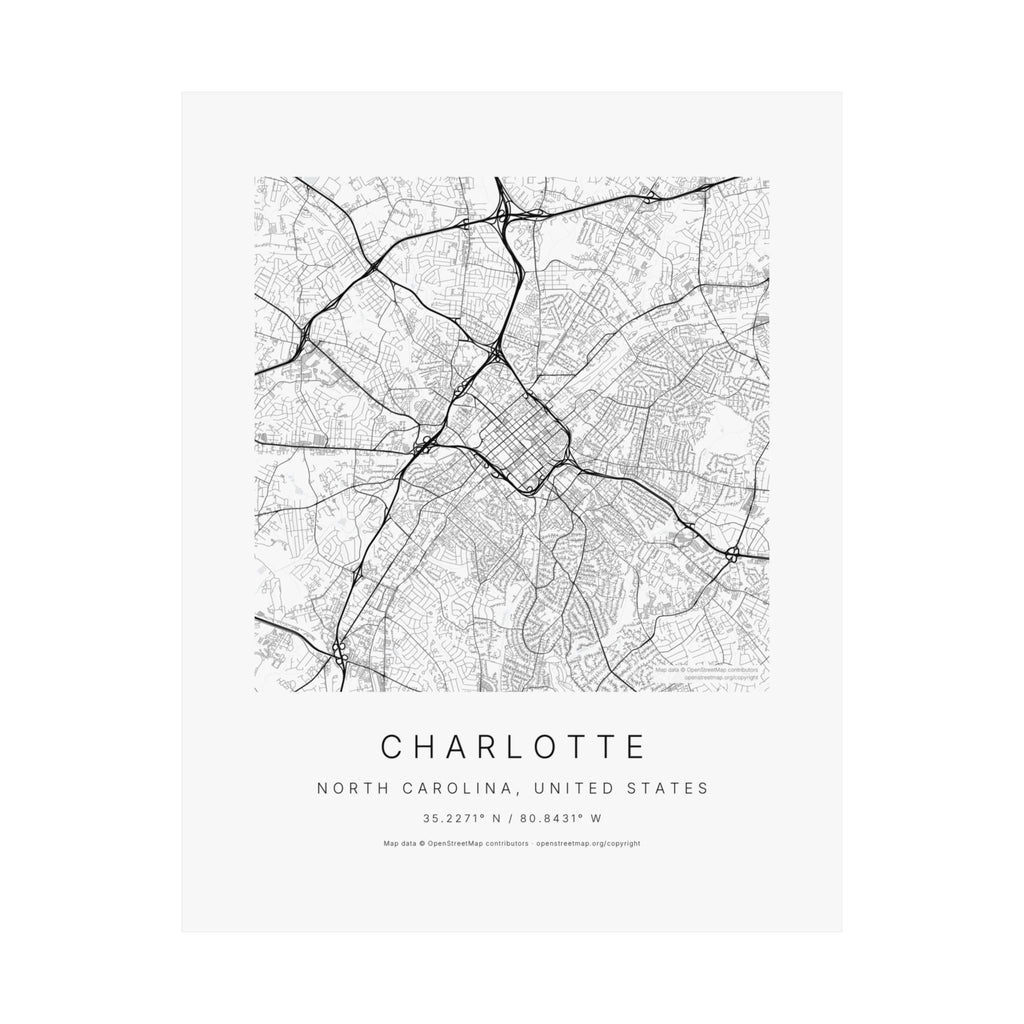 Charlotte, North Carolina City Map Print — Minimalist Street Map Wall Art