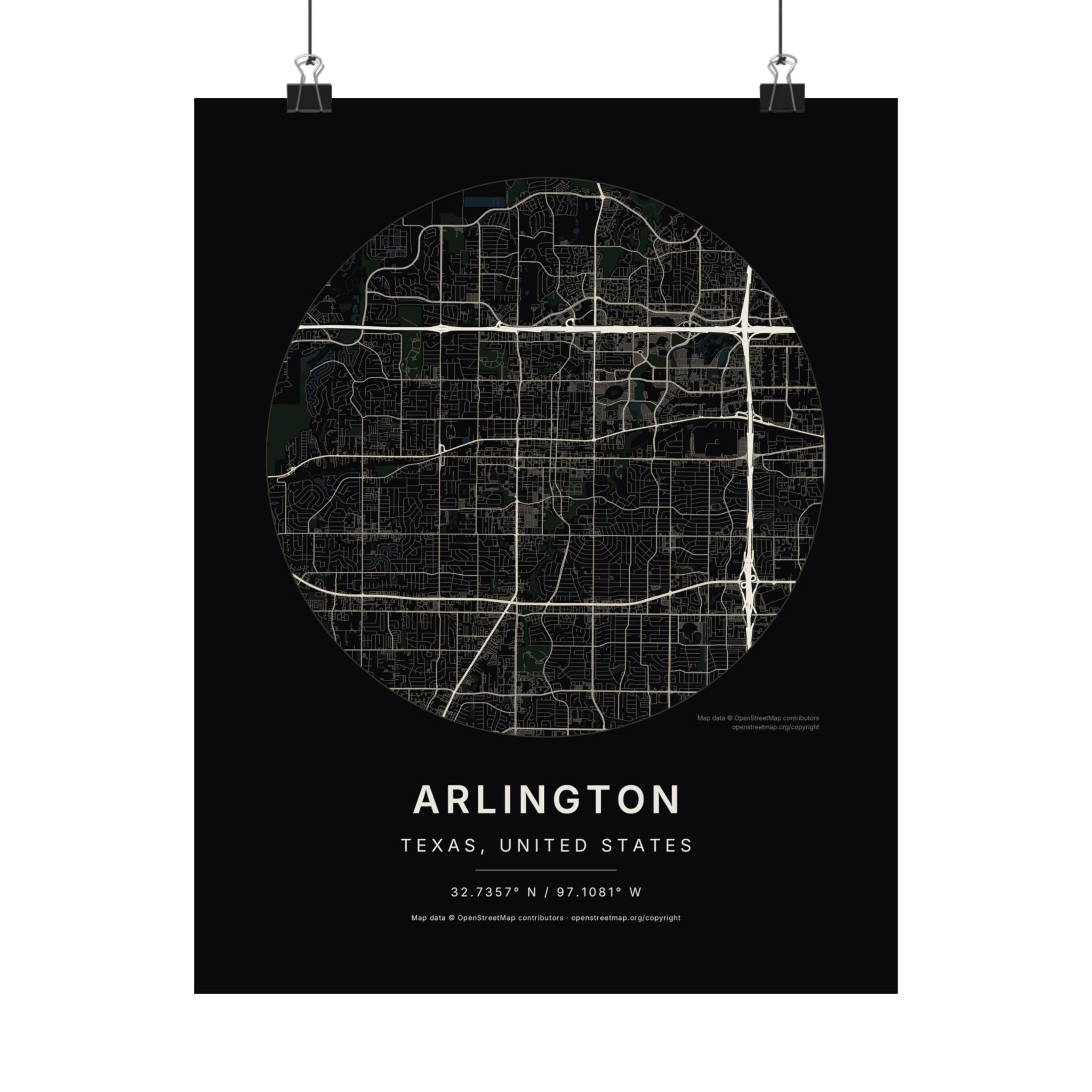 Arlington, Texas City Map Print — Noir Black Street Map Wall Art