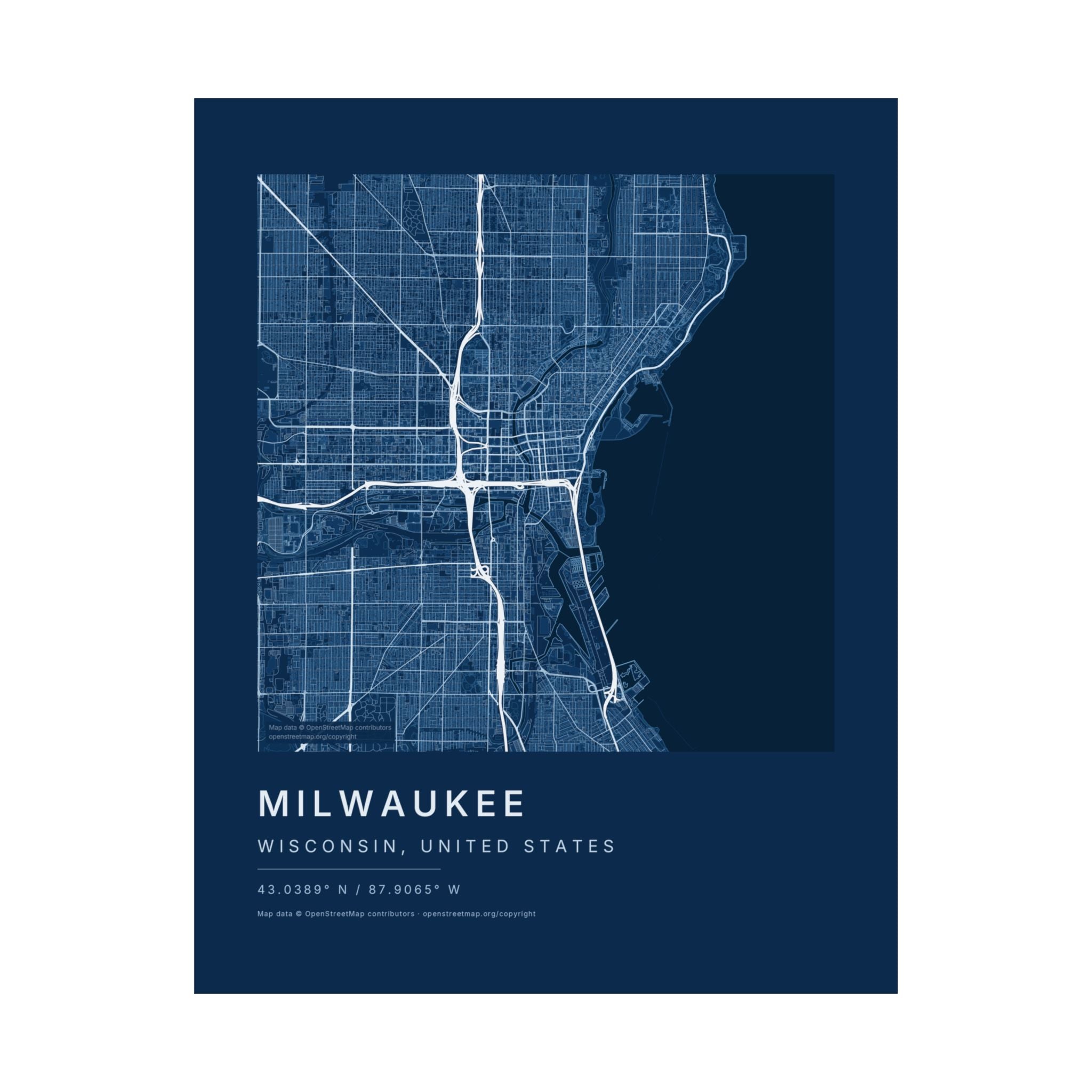 Milwaukee, Wisconsin City Map Print — Blueprint Navy Street Map Wall Art