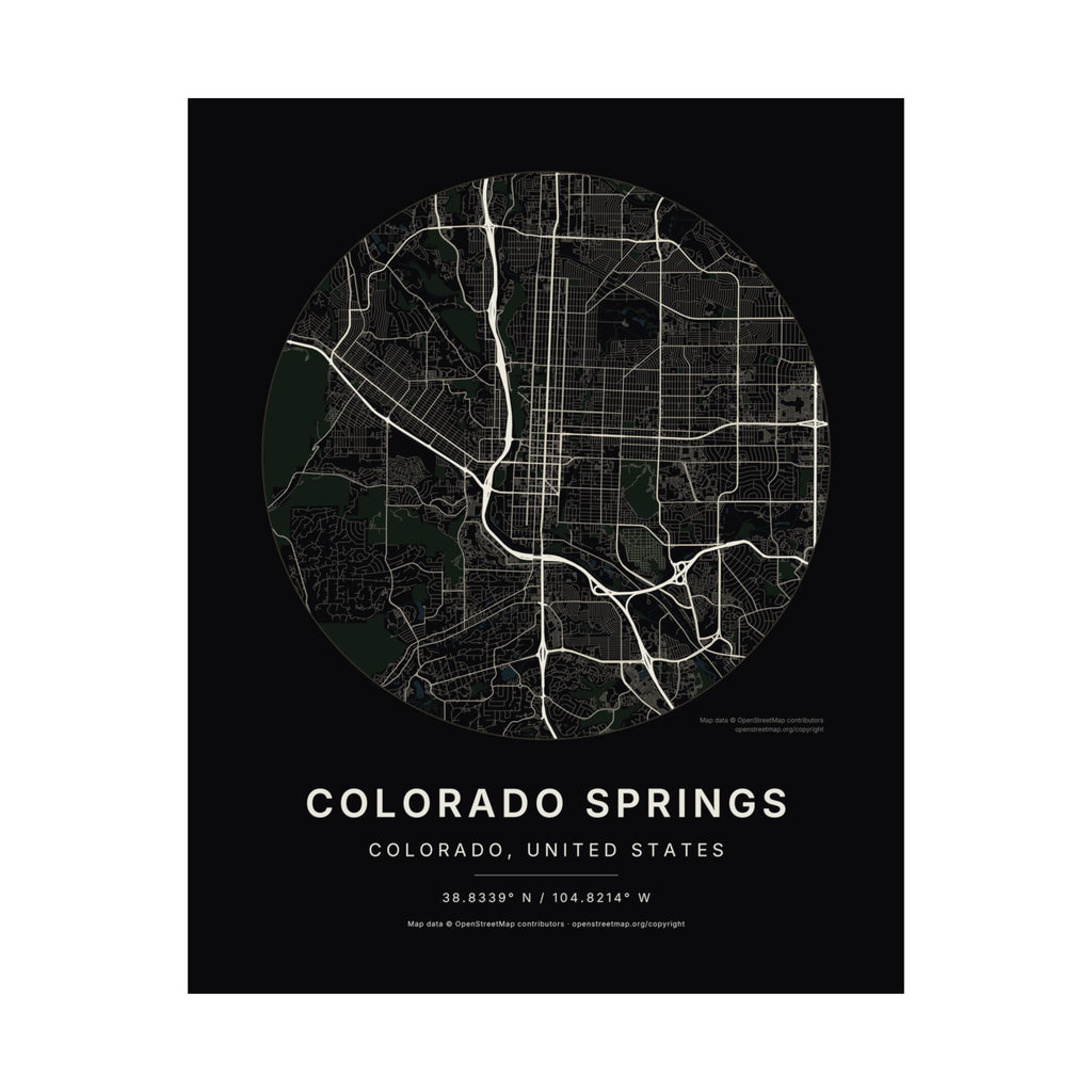 Colorado Springs, Colorado City Map Print — Noir Black Street Map Wall Art