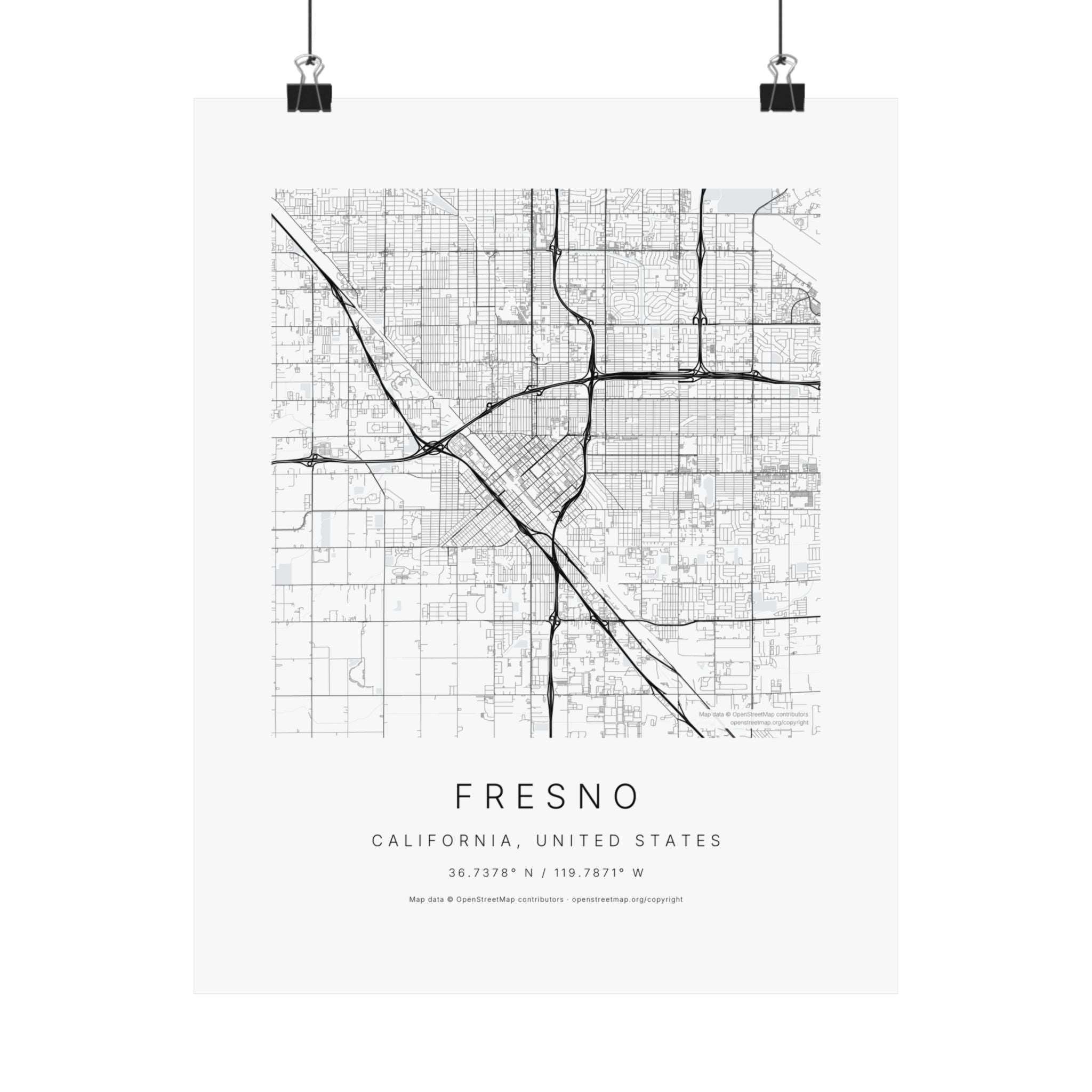 Fresno, California City Map Print — Minimalist Street Map Wall Art