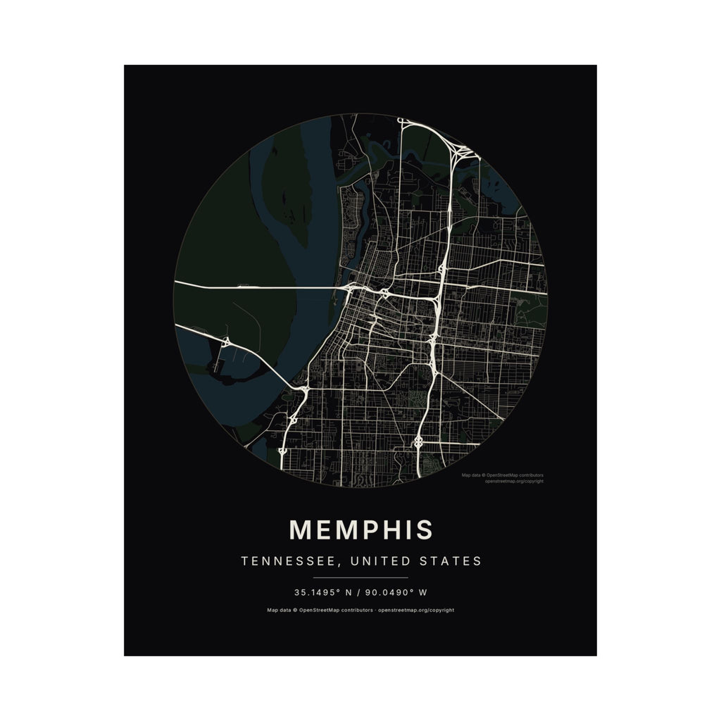 Memphis, Tennessee City Map Print — Noir Black Street Map Wall Art
