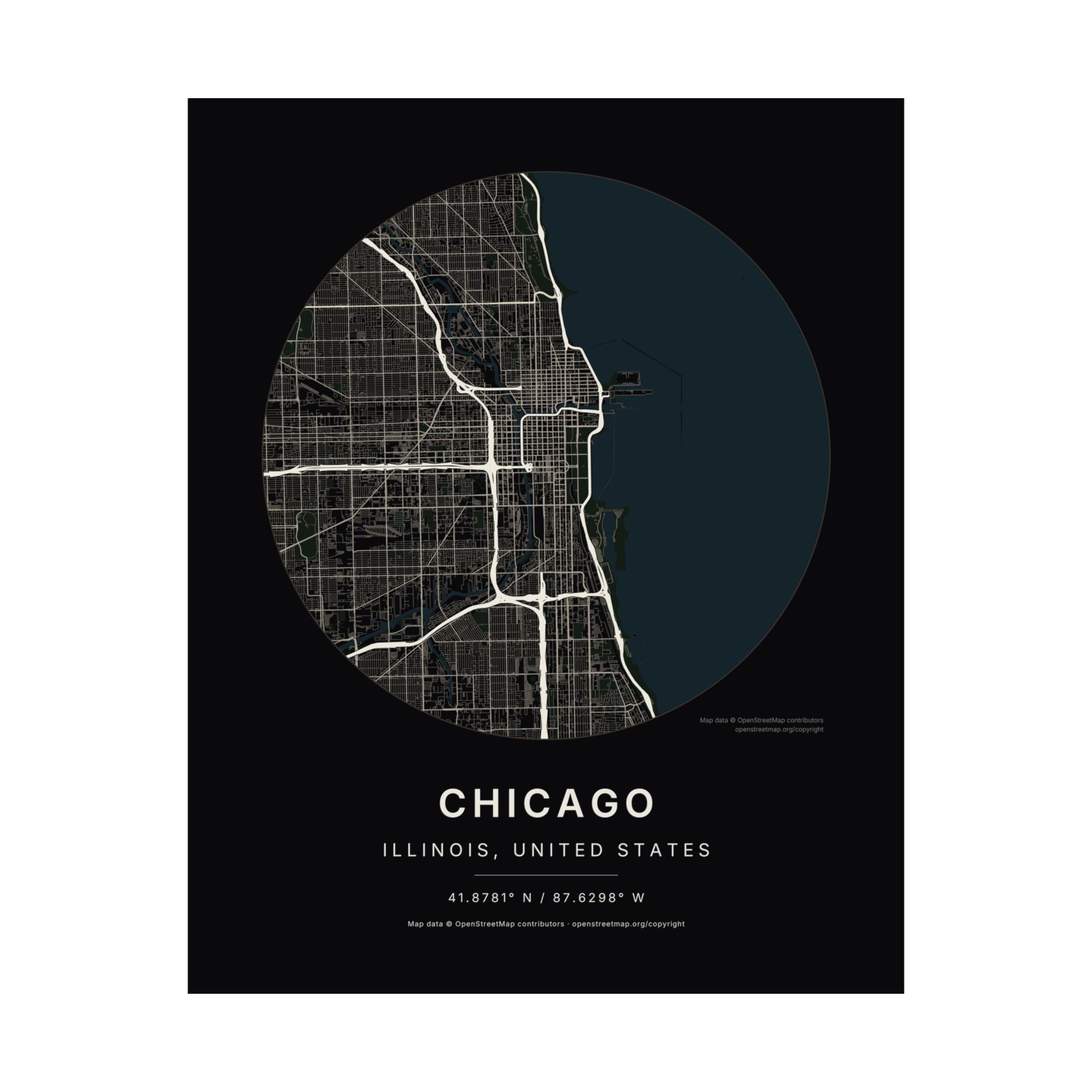 Chicago, Illinois City Map Print — Noir Black Street Map Wall Art