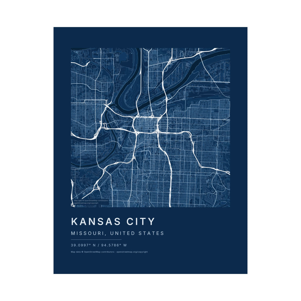 Kansas City, Missouri City Map Print — Blueprint Navy Street Map Wall Art