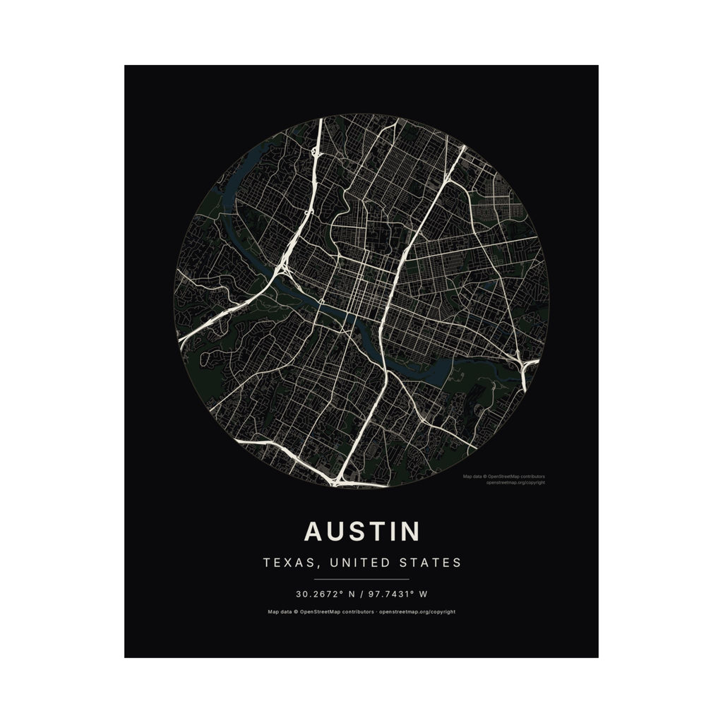 Austin, Texas City Map Print — Noir Black Street Map Wall Art