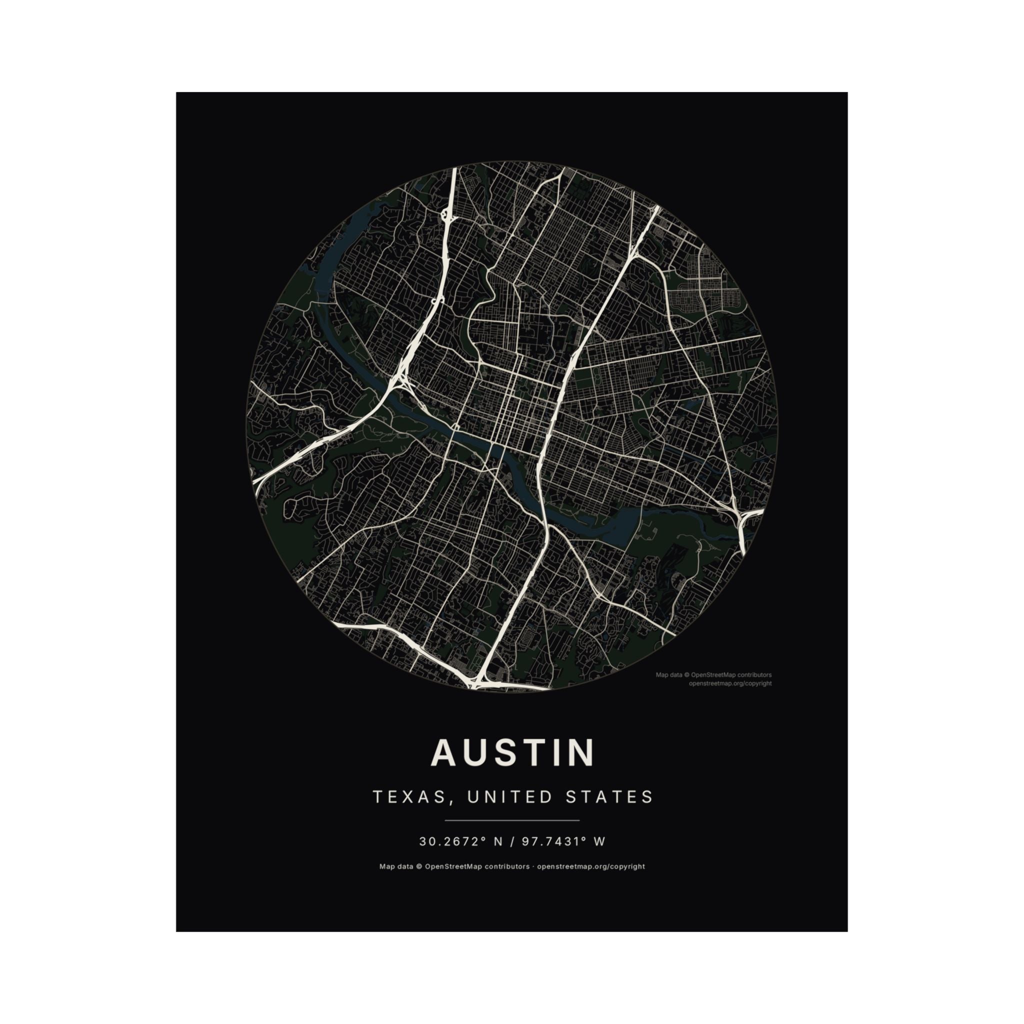 Austin, Texas City Map Print — Noir Black Street Map Wall Art