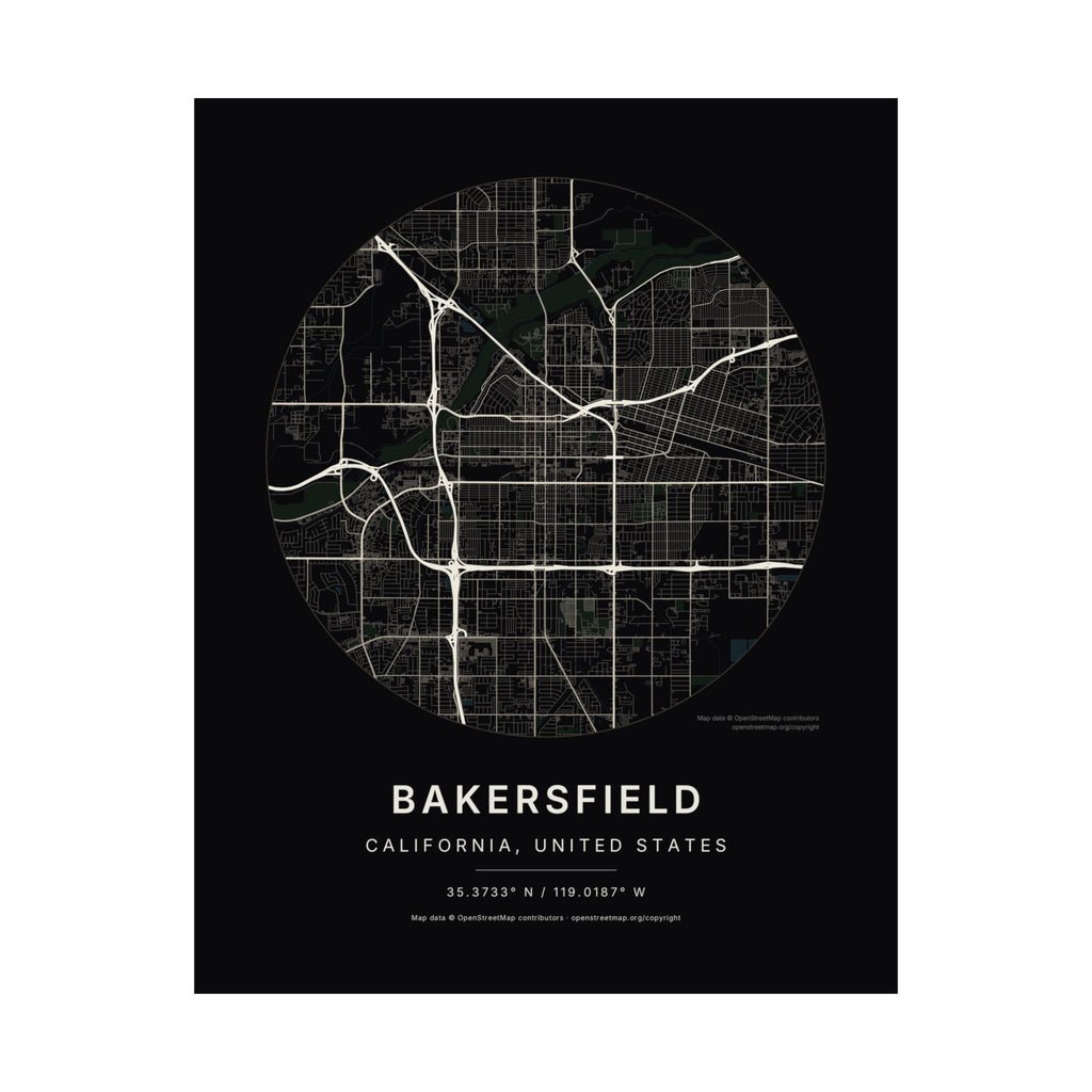 Bakersfield, California City Map Print — Noir Black Street Map Wall Art