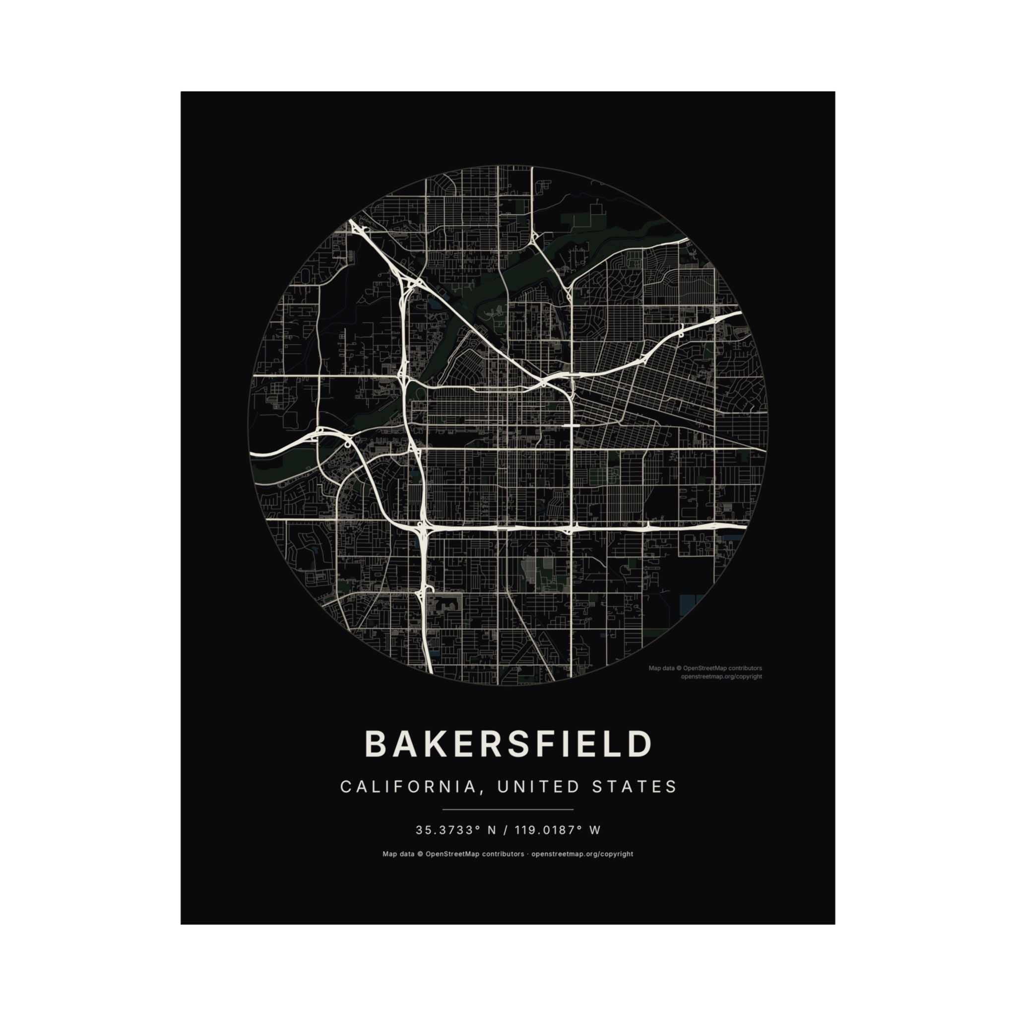 Bakersfield, California City Map Print — Noir Black Street Map Wall Art