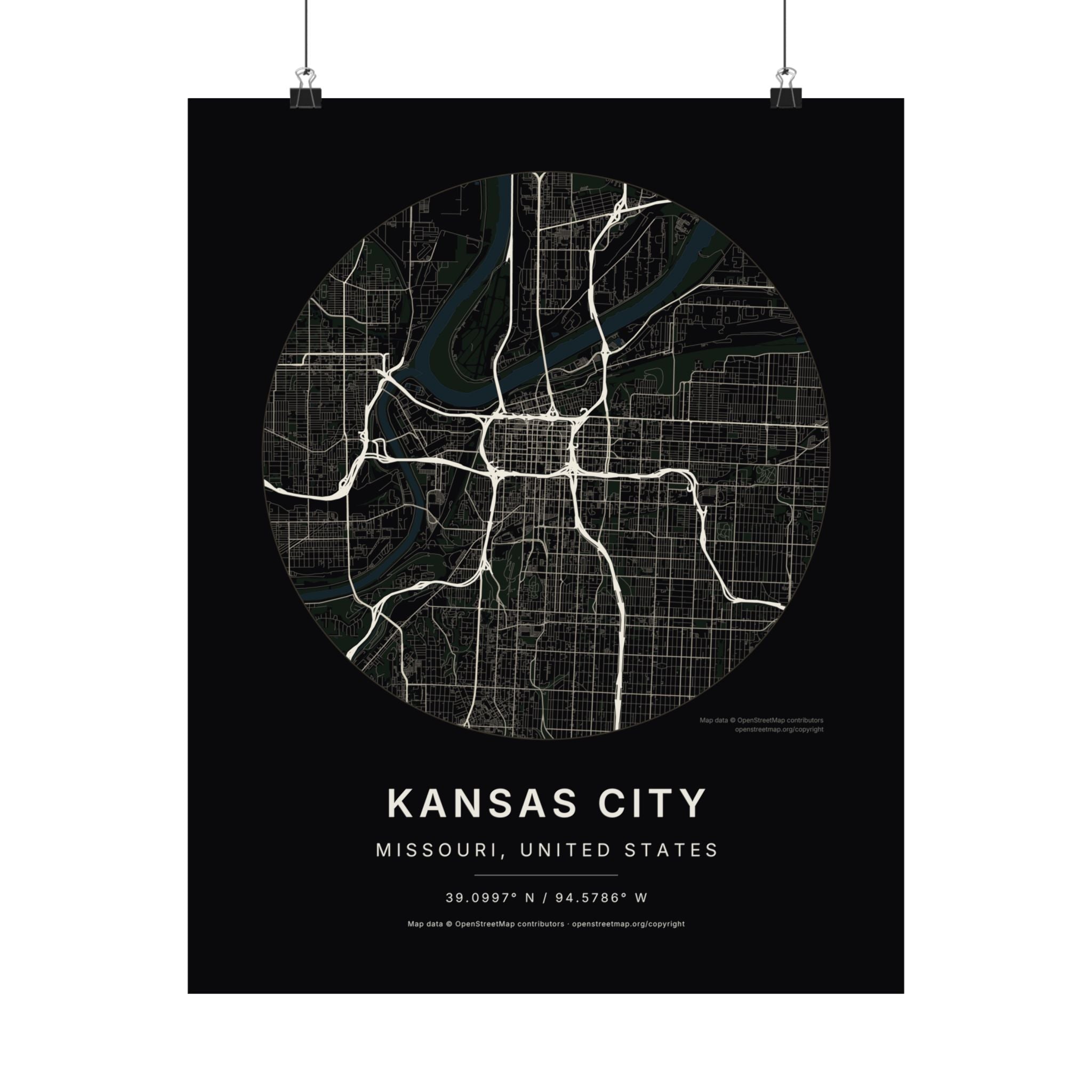Kansas City, Missouri City Map Print — Noir Black Street Map Wall Art