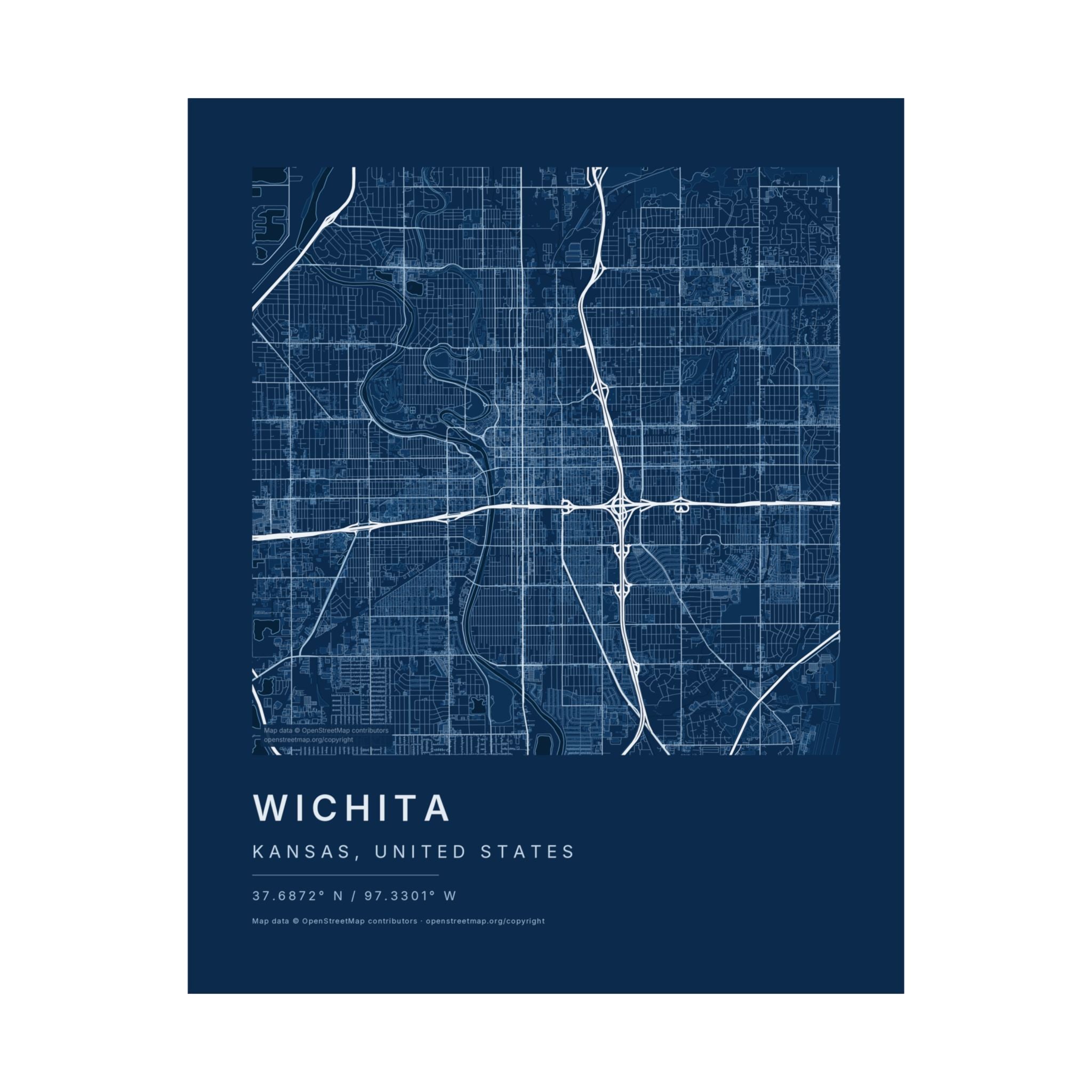 Wichita, Kansas City Map Print — Blueprint Navy Street Map Wall Art