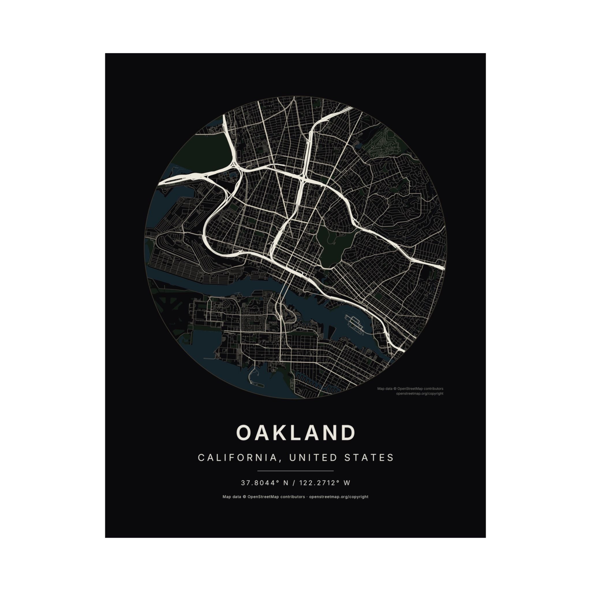 Oakland, California City Map Print — Noir Black Street Map Wall Art