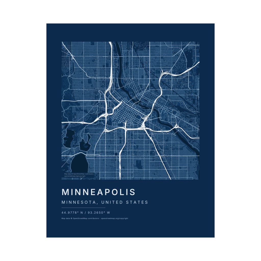 Minneapolis, Minnesota City Map Print — Blueprint Navy Street Map Wall Art