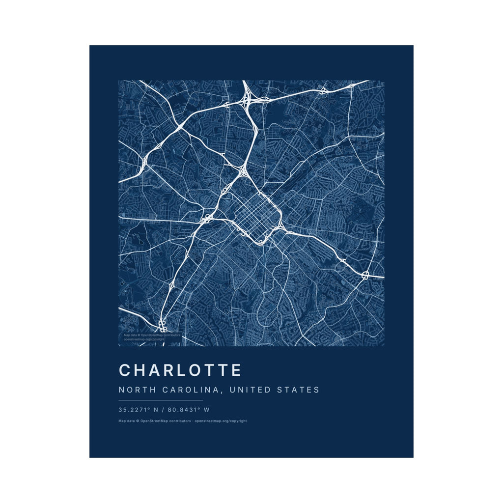 Charlotte, North Carolina City Map Print — Blueprint Navy Street Map Wall Art