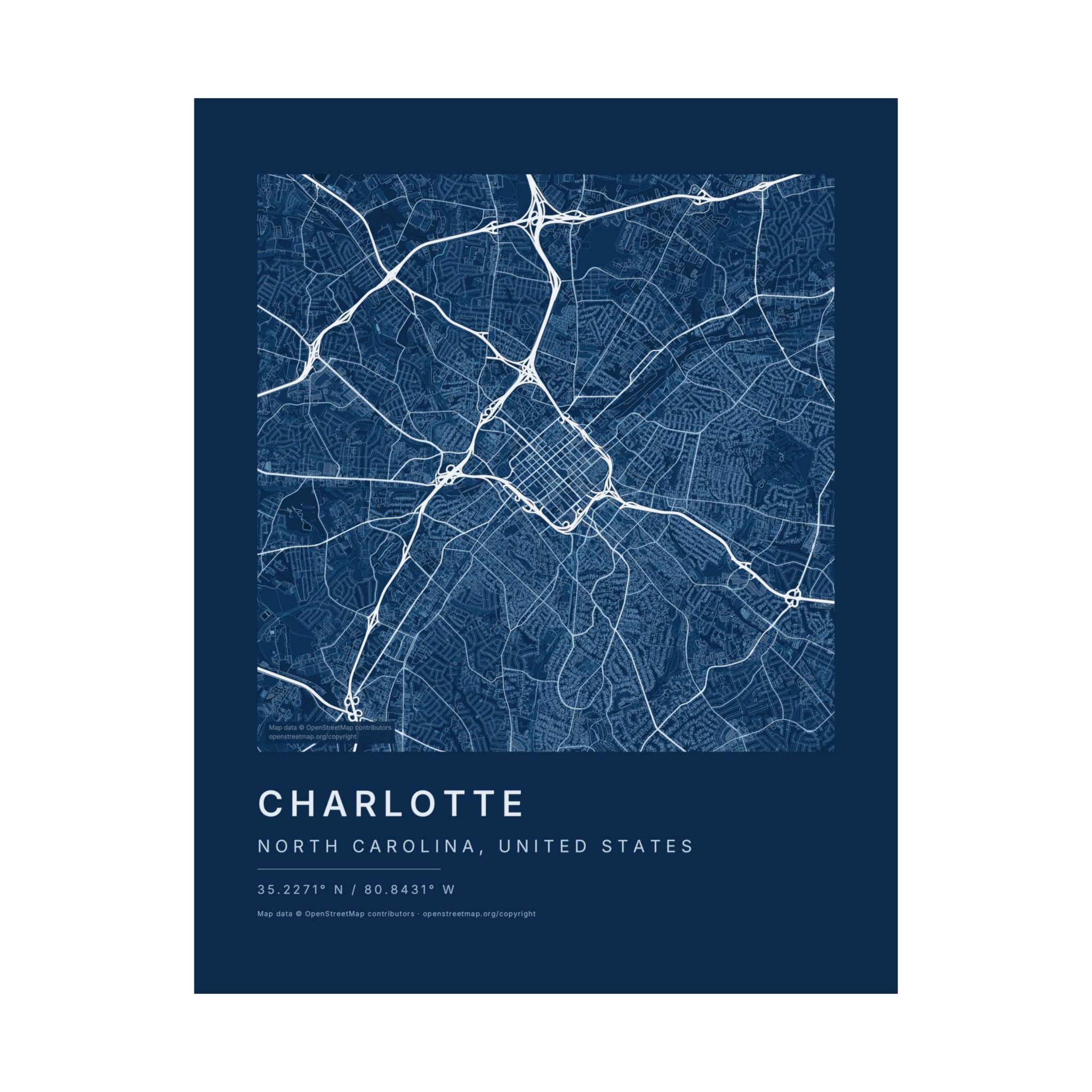 Charlotte, North Carolina City Map Print — Blueprint Navy Street Map Wall Art