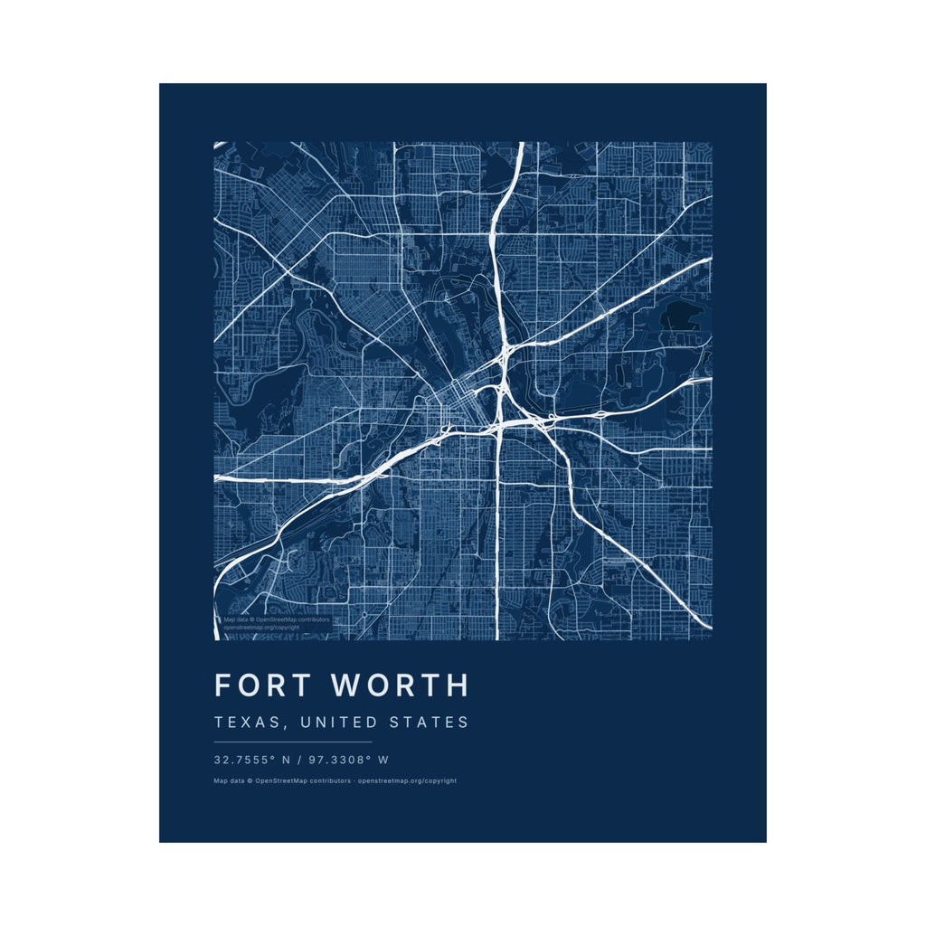 Fort Worth, Texas City Map Print — Blueprint Navy Street Map Wall Art