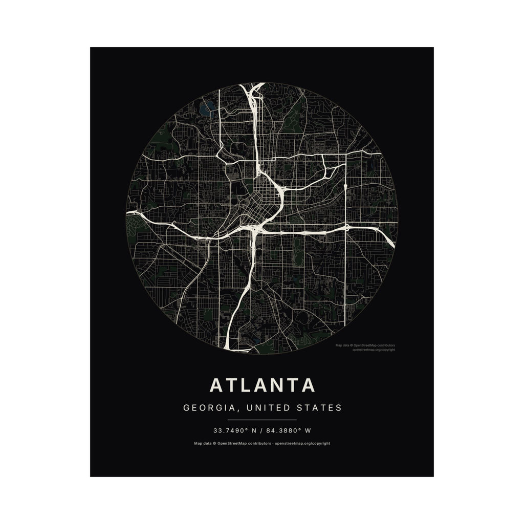Atlanta, Georgia City Map Print — Noir Black Street Map Wall Art