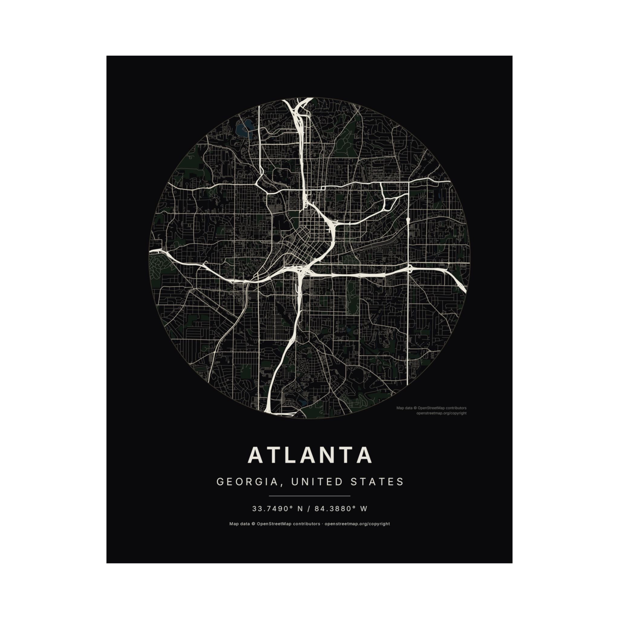 Atlanta, Georgia City Map Print — Noir Black Street Map Wall Art