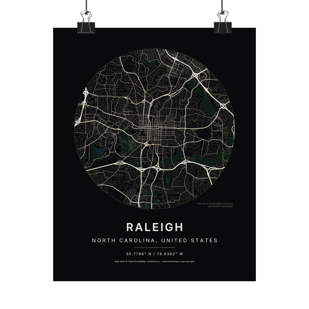 Raleigh, North Carolina City Map Print — Noir Black Street Map Wall Art