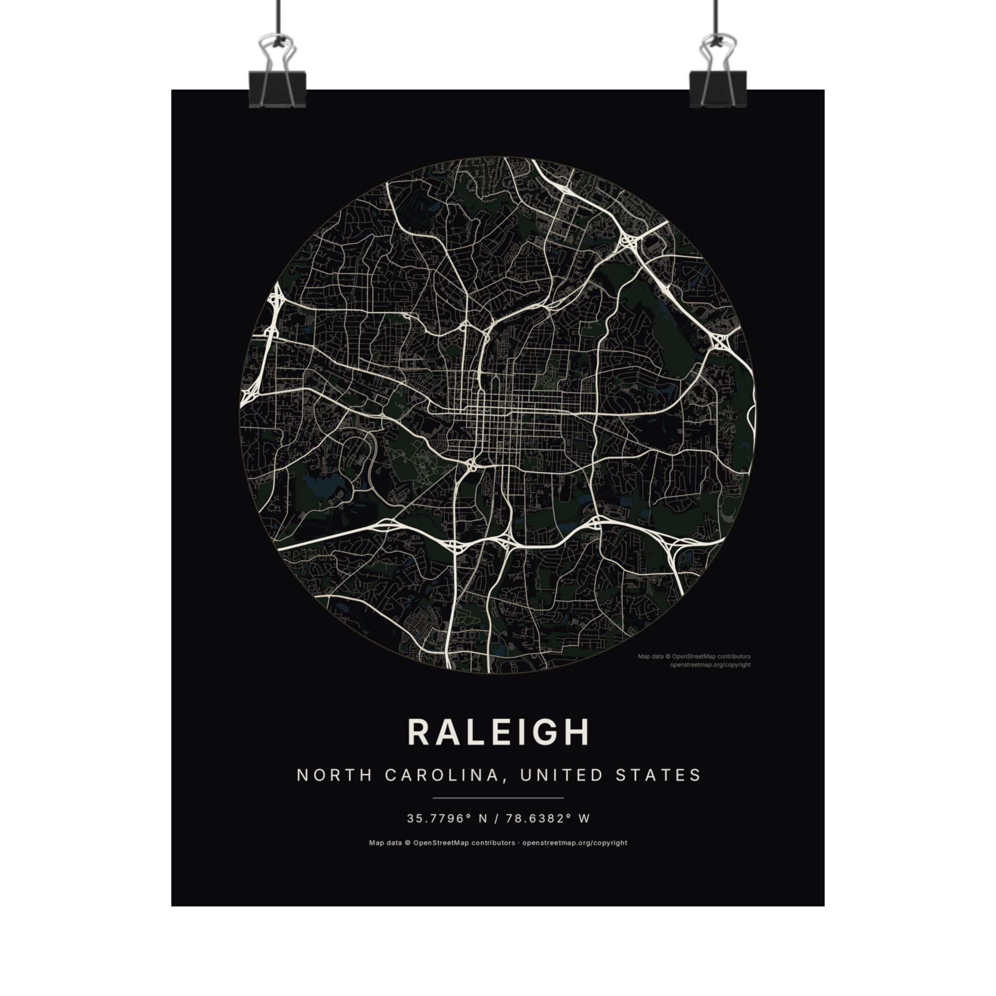 Raleigh, North Carolina City Map Print — Noir Black Street Map Wall Art