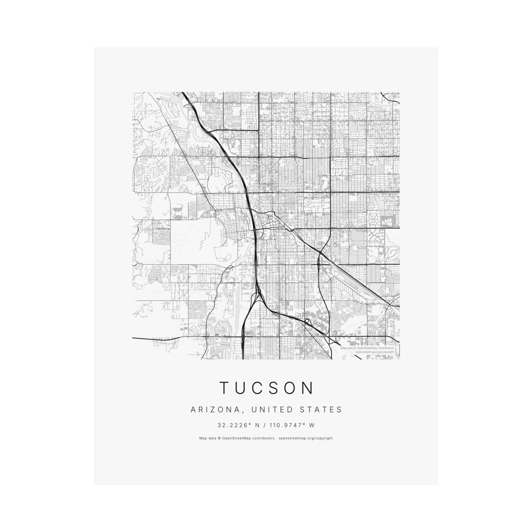 Tucson, Arizona City Map Print — Minimalist Street Map Wall Art