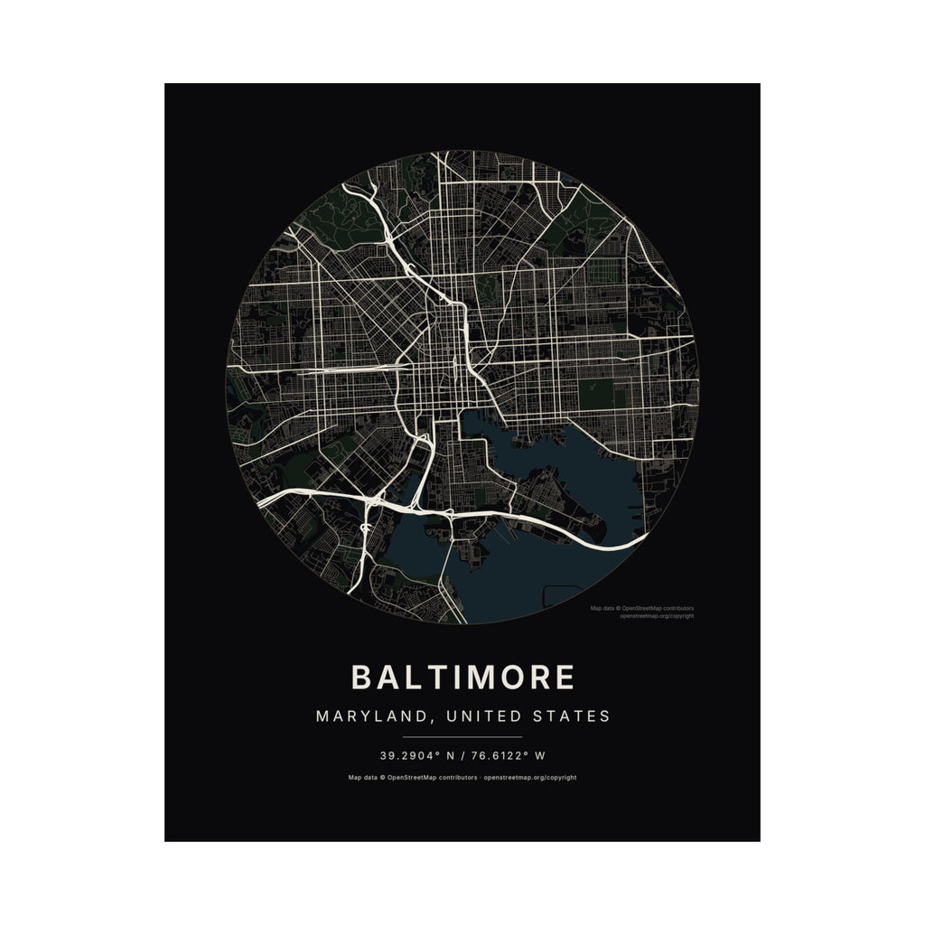 Baltimore, Maryland City Map Print — Noir Black Street Map Wall Art